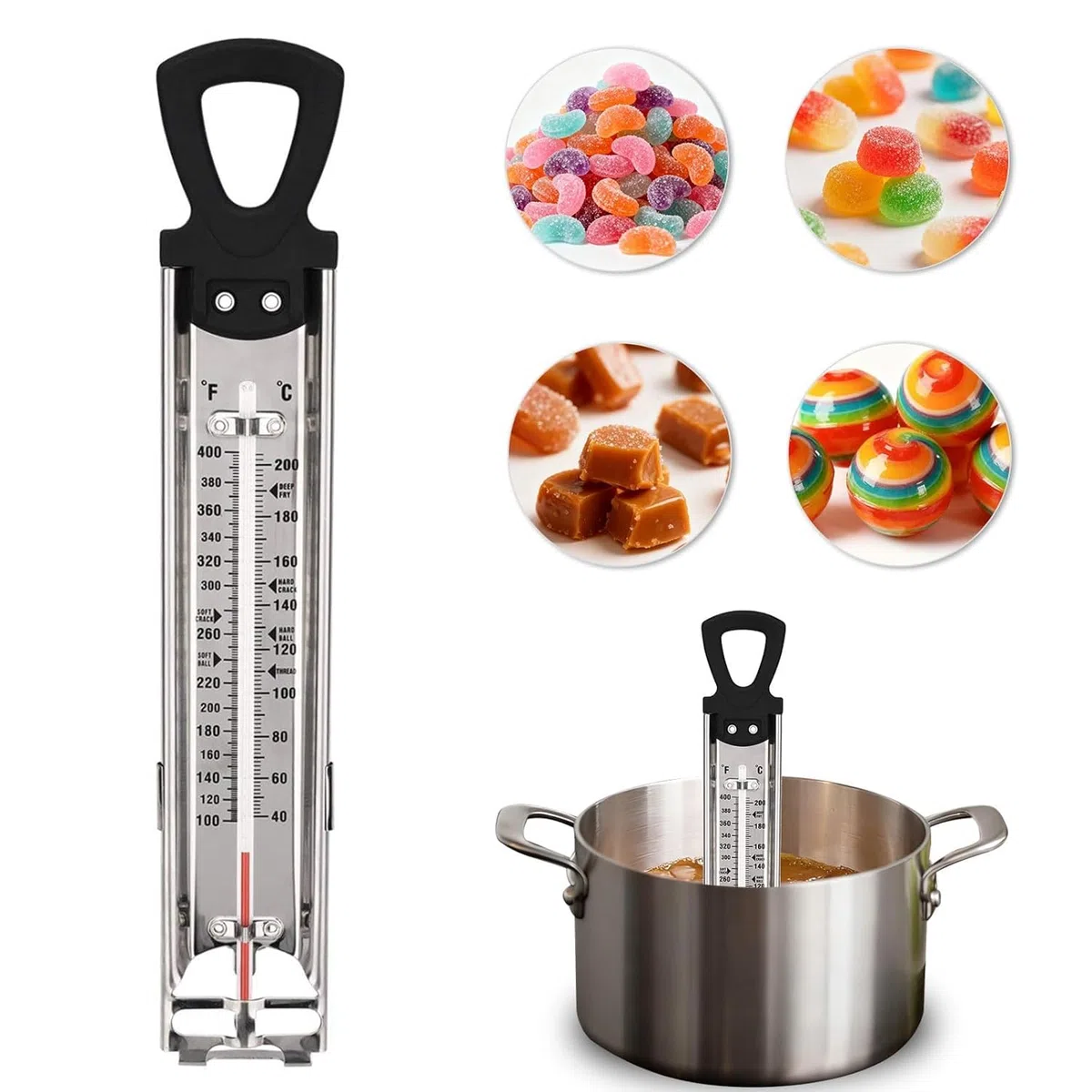 Termómetro de caramelo para freír profundo/mermelada/azúcar/jarabe/jalea termómetro con gancho colgante y clip de olla de acero inoxidable termómetro de cocina termómetro de alimentos