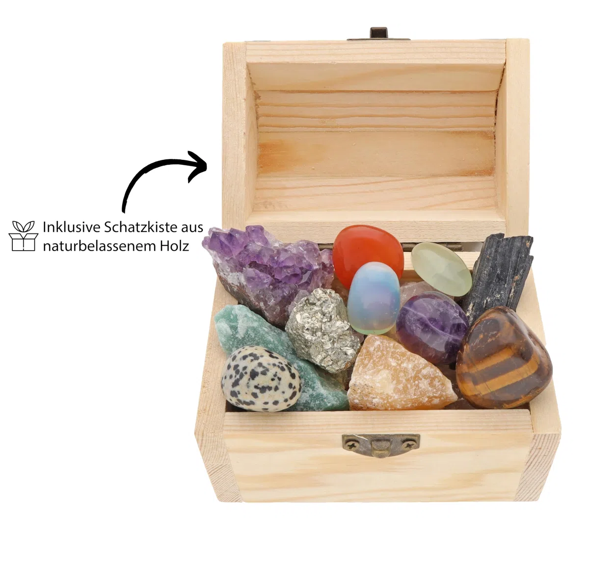 Cofre del tesoro con 18 piedras preciosas seleccionadas a mano, piedras en bruto, piedras tamboreadas + tarjetas informativas de piedras preciosas, cofre del tesoro para niños, piratas, búsqueda del