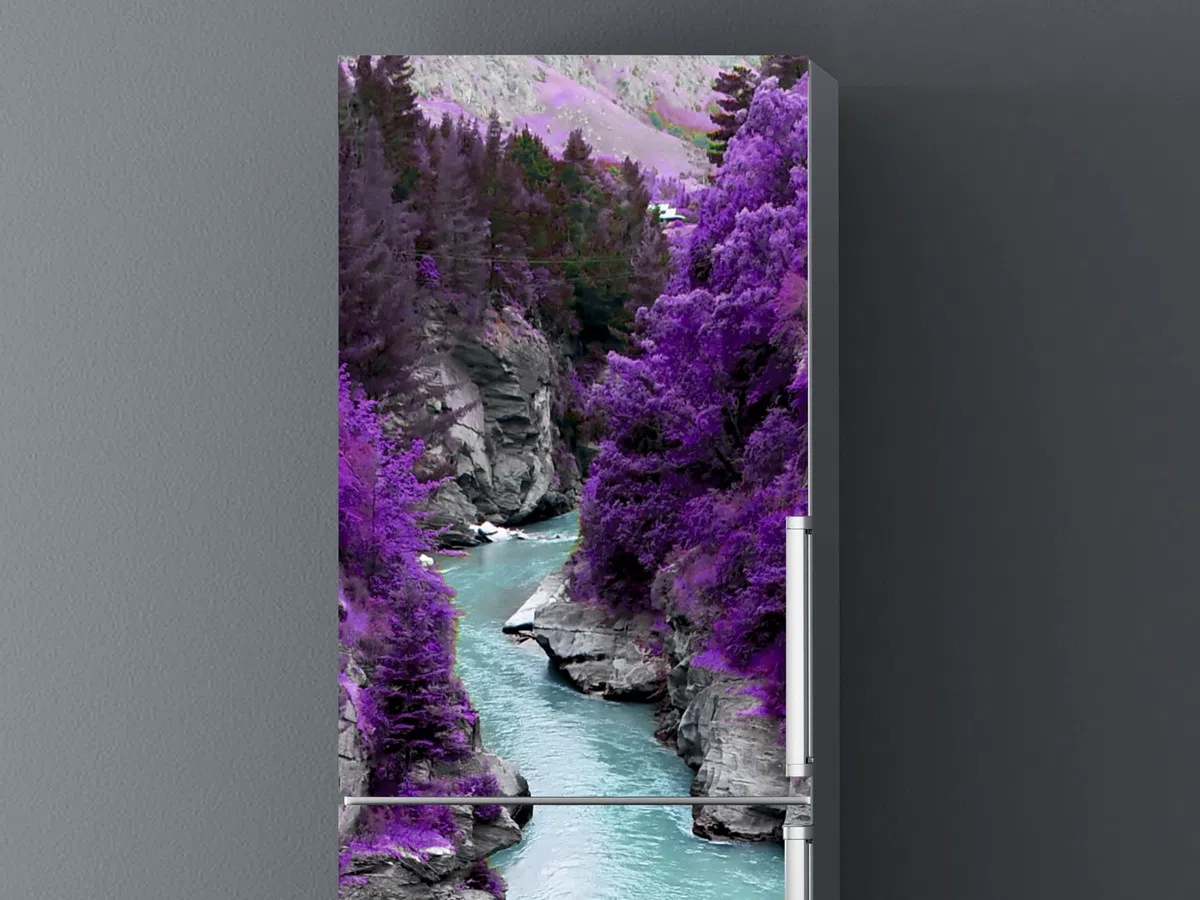 Pegatinas Vinilo para Frigorífico rio vegetación morada | Varias Medidas 185x70cm | Adhesivo Resistente y de Fácil Aplicación | Pegatina Adhesiva Decorativa de Diseño Elegante