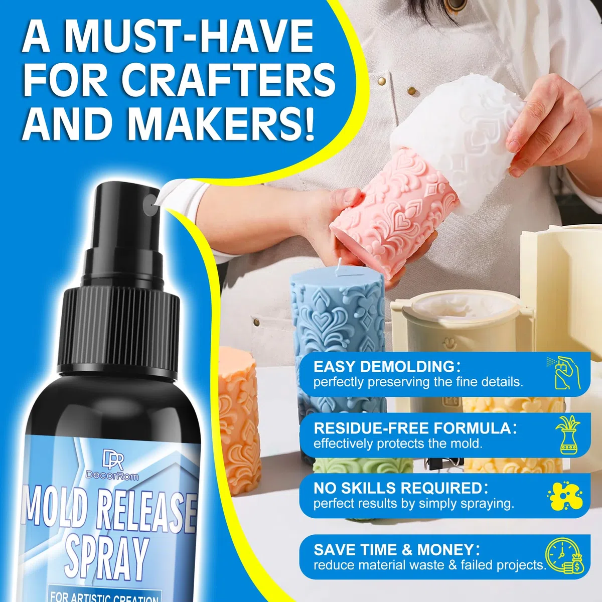 DecorRom Spray separador de moldes de silicona, 200 ml, antimoho, secado rápido, inodoro, adecuado para desmoldar velas, yeso, jabón y resina epoxi de plástico, yeso y moldes de metal