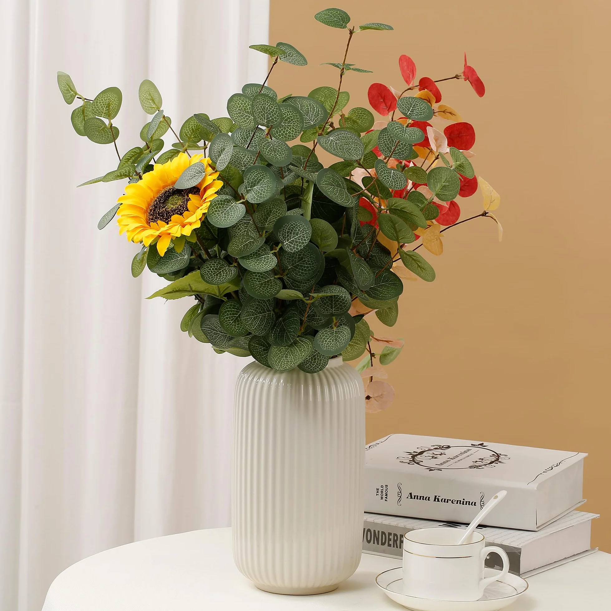 HNVNER 6 Ramos Artificiales de Eucalipto, de Seda Sintética, Follaje Verde con Hojas y Ramas, para Arreglos Florales, Decoración del Hogar, Boda o Fiesta