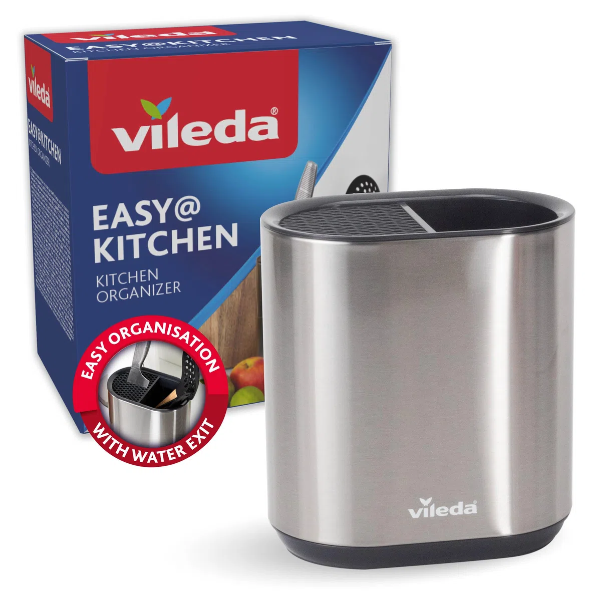 Vileda Organizador de cocina de acero inoxidable – Recipiente para guardar utensilios de cocina – Utensilios de cocina Soporte – Soporte para utensilios de cocina – Soporte para cucharas de cocina