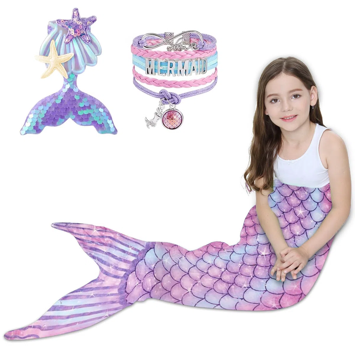 Manta de Cola de Sirena, 140x60cm Manta Cola de Sirena, Franela Manta Sirena con Pulsera de Lentejuelas, Saco de Dormir de Sirena