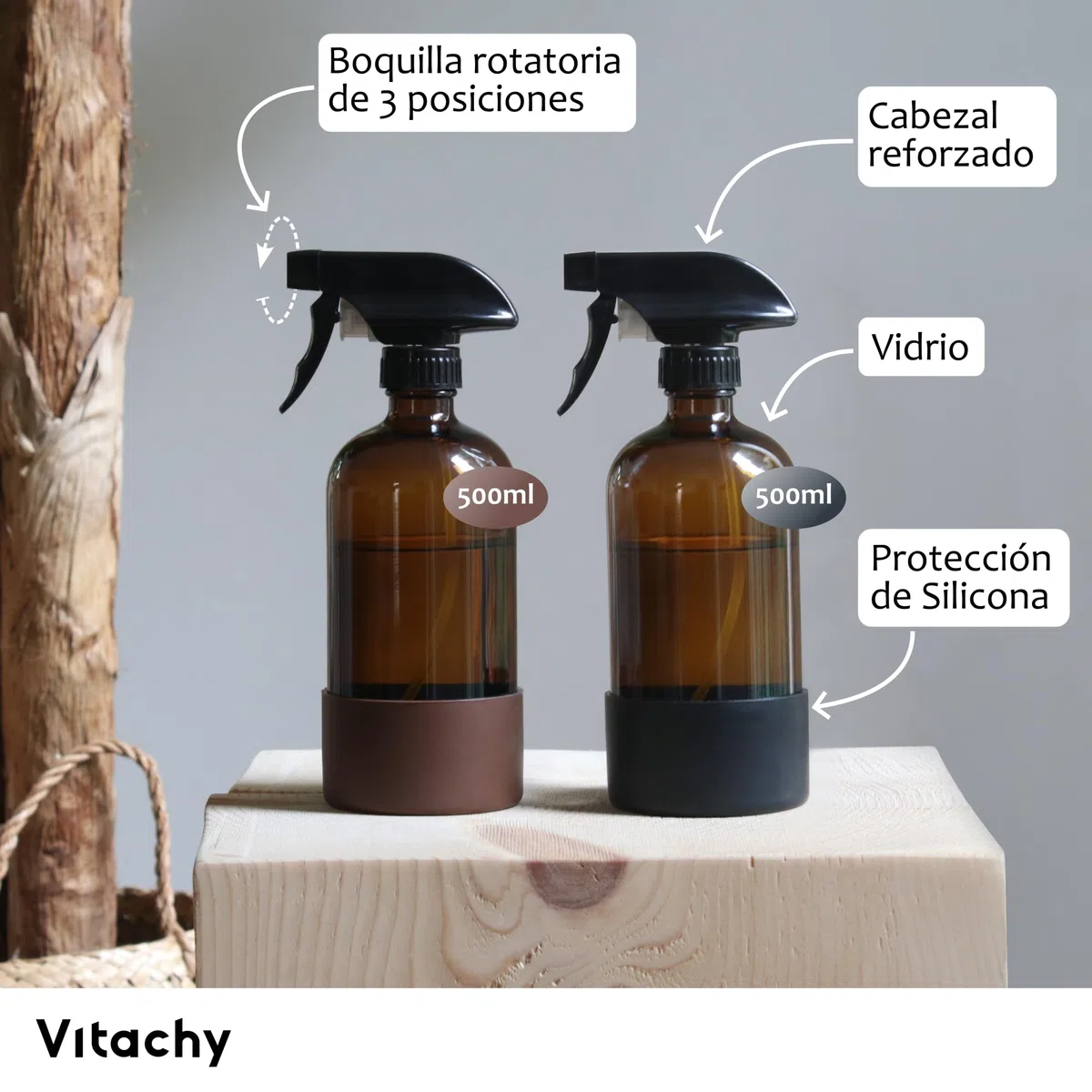 Pack de 2 Botella Spray Pulverizador Cristal 500ml, Bote Spray Vidrio Ámbar con Base de Silicona para Limpieza Hogar y Plantas. Botes Spray Vacíos Rellenables, Glass Spray Bottle