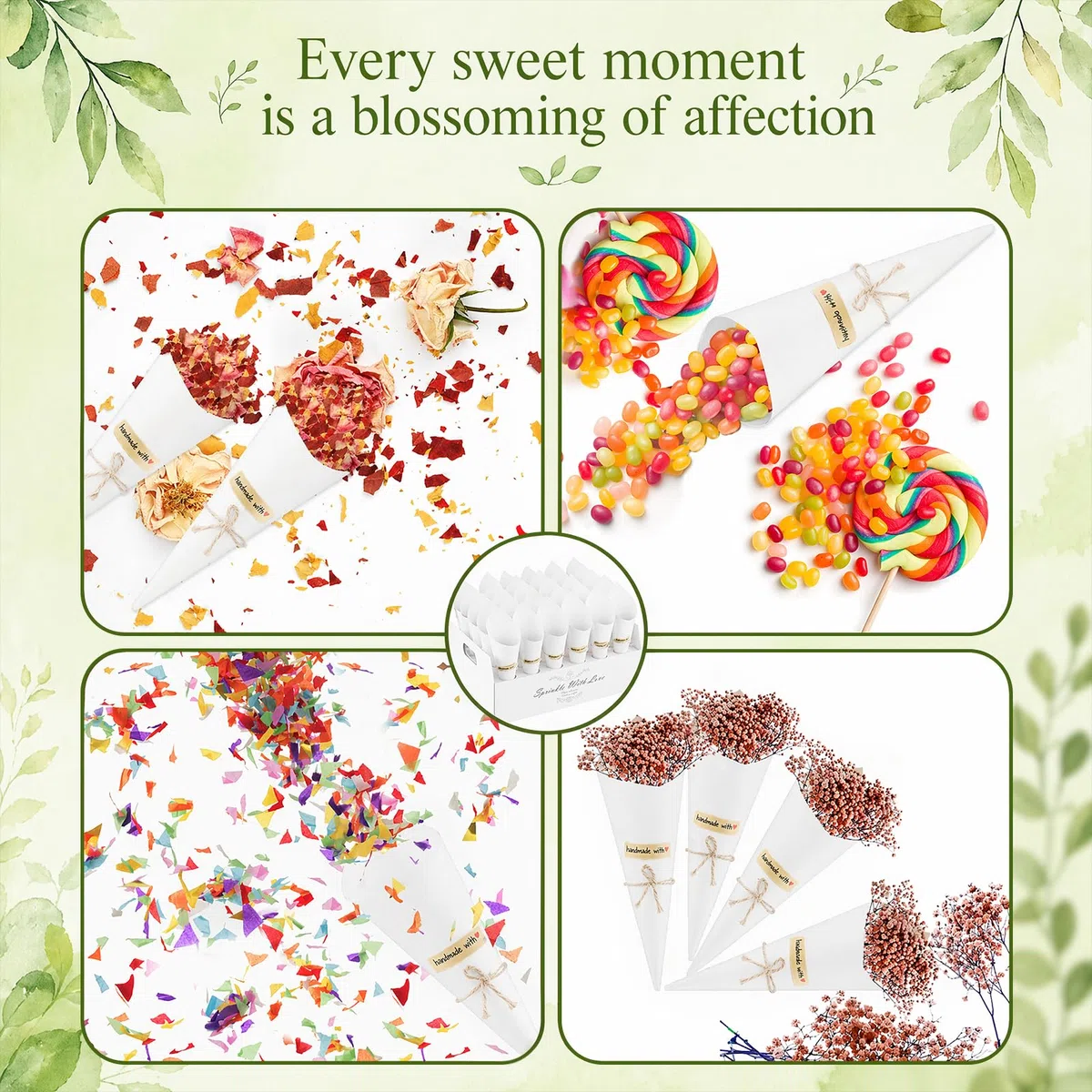 60 Conos Arroz Boda Blancos con 2 Soportes, Cucuruchos de Papel para Pétalos y Confeti, Kit de Conos Boda DIY con Pegatinas y Cuerda para Decoración, Comunión, Mesa Dulce