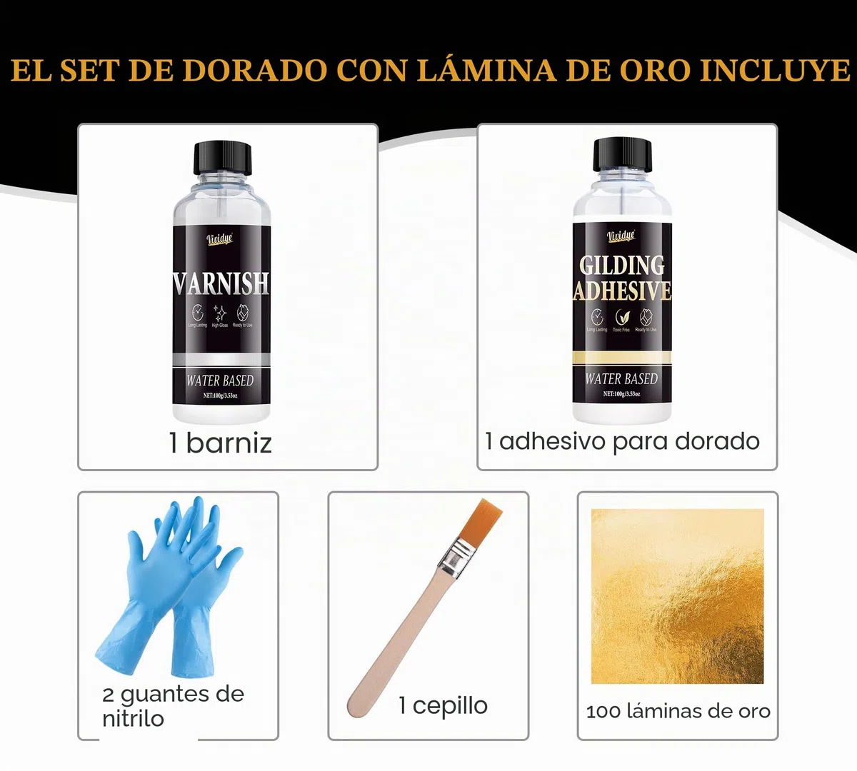Juego de Pegamento de Pan de Oro 200g, Adhesivo para Hoja de Oros y Barniz Protector, Pan de Oro 100 Unidades, Pegamento de Secado Rápido para Manualidade, Arte, Joyas, Muebles y Pintura, Base de Agua