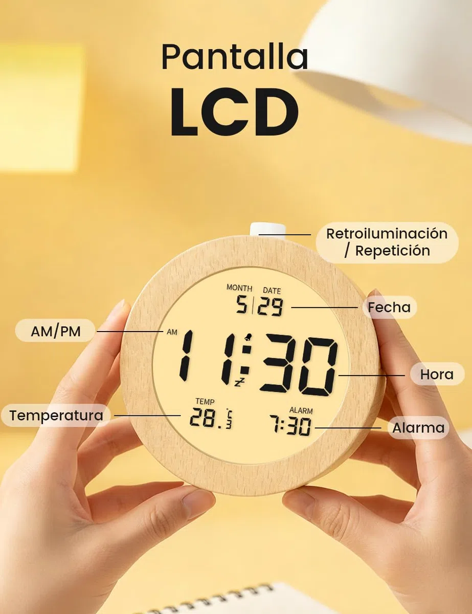 aboveClock Despertador Digital, Despertador De Madera con Pantalla LCD Que Muestra Temperatura Y Fecha, Función Snooze, Retroiluminación, Funciona con 3 Pilas AAA (Pilas No Incluidas)