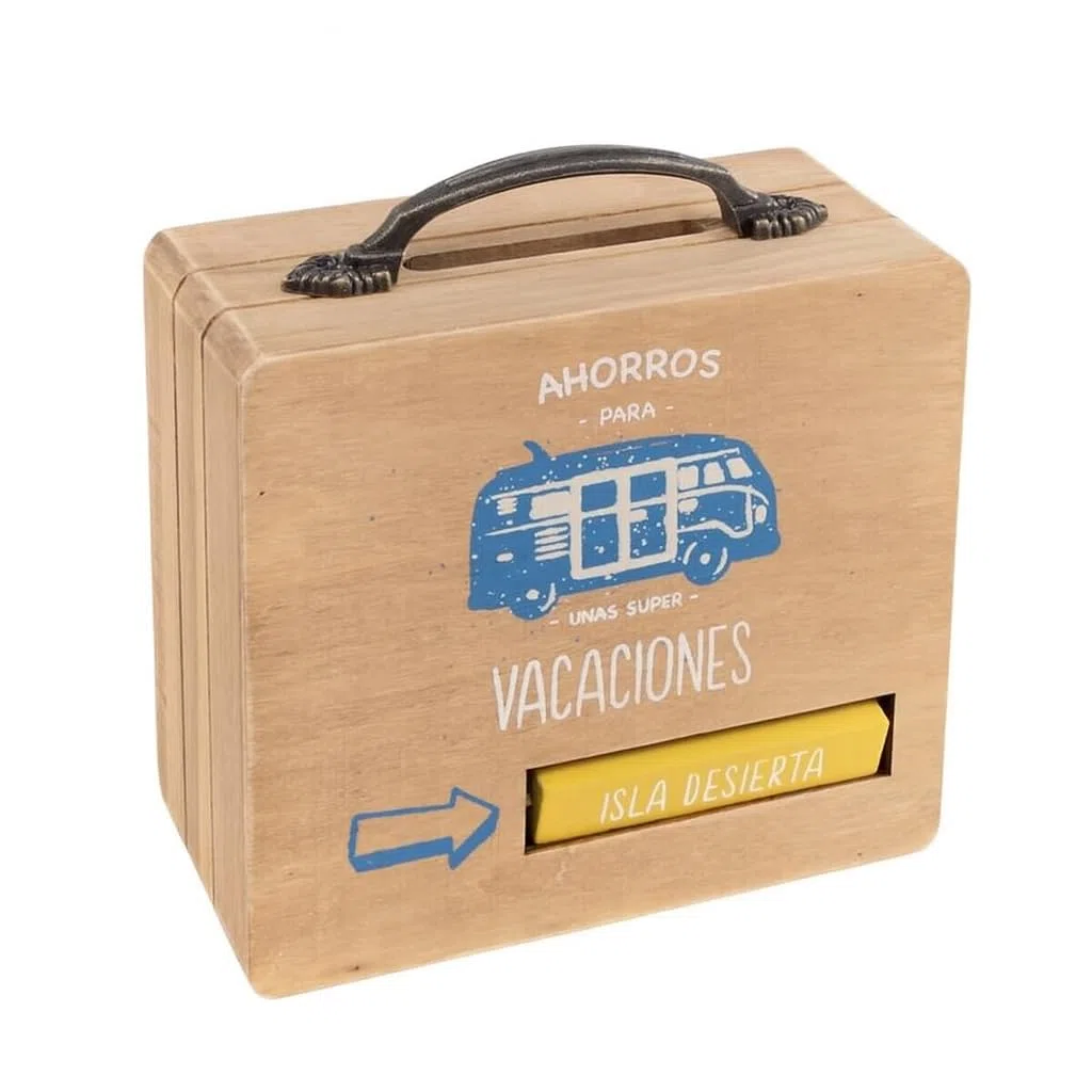 Hucha Decorativa, Maleta de Viaje de Madera, Vuelta al Mundo, Vacaciones, Rueda para indicar el Viaje Deseado, Autralia, Isla desiesta, Exotic Holidays 15x15x7cm (Maleta Vacaciones)