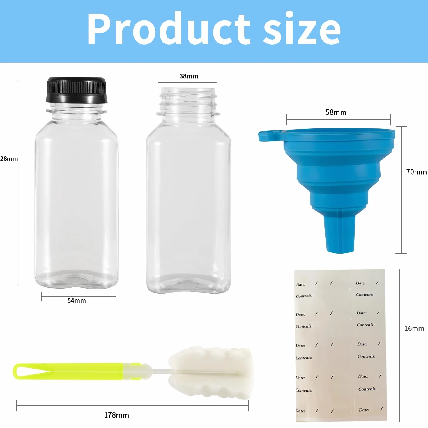 "Pack de 10 botellas de plástico rellenables de 250ml, botellas de plástico rellenables vacías, Smoothie para zumos,botellas reutilizables y transparentes para nevera, licuadoras, shots, agua, leche "