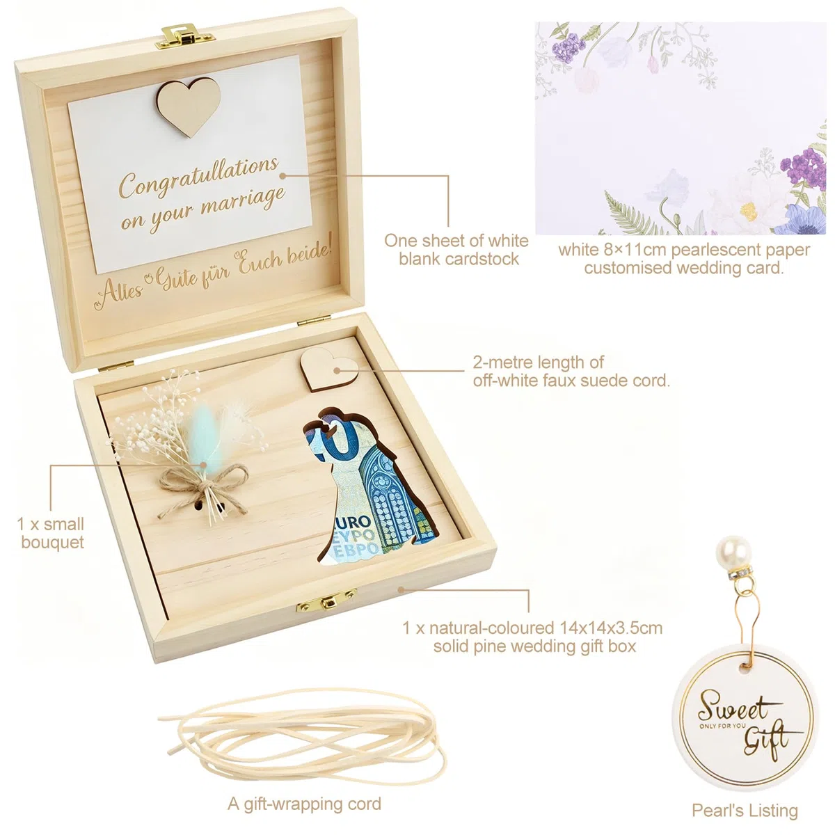 KingYH Regalo de Dinero para Boda Caja Regalos Boda Novios Regal Cajaa Madera para Recién casados Regalo Regalos de Boda para Los Novios con Caja de Madera Flores