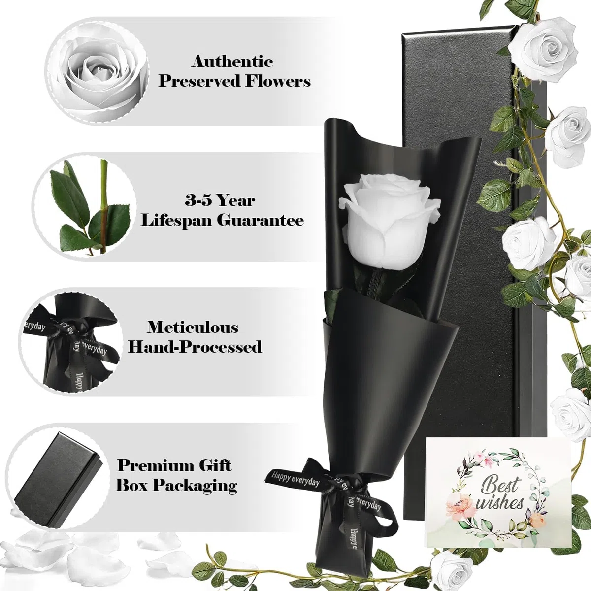 Rosa Eterna Natural Blanca con Tallo en Caja de Regalo, Rosa Preservada, Regalo Elegante para Mujer, Mamá, Esposa en Cumpleaños, San Valentín, Día de la Madre, Navidad
