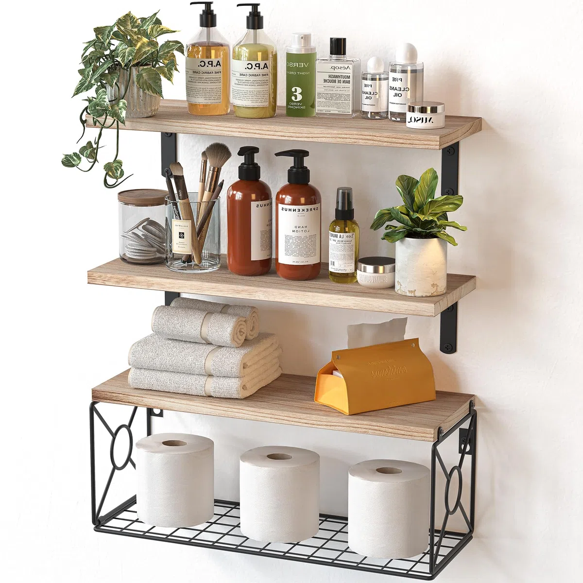Pipishell Estantes flotantes con Cesta de Alambre de estroraje, estantes de baño de Madera de Paulownia para organización del hogar y decoración de Pared, estantes de baño/Cocina/Sala de