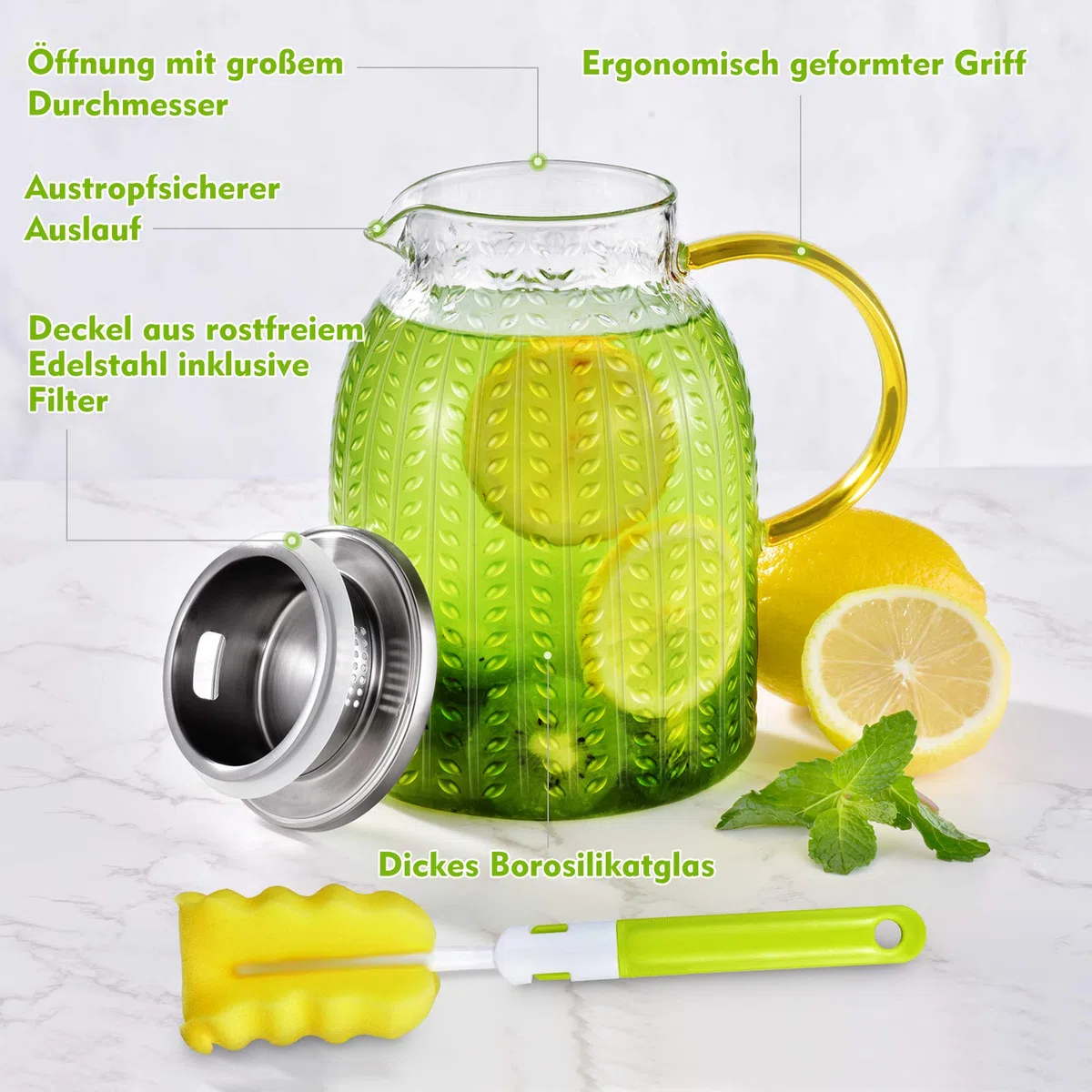 Aofmee Jarra Agua Cristal, Botella Agua Cristal 1,8 Litro con Cepillo, Jarra Agua con Tapa de Acero Inoxidable, Jarra para Agua, Té, Zumo, Leche y Sangria, Bebidas frías y Calientes