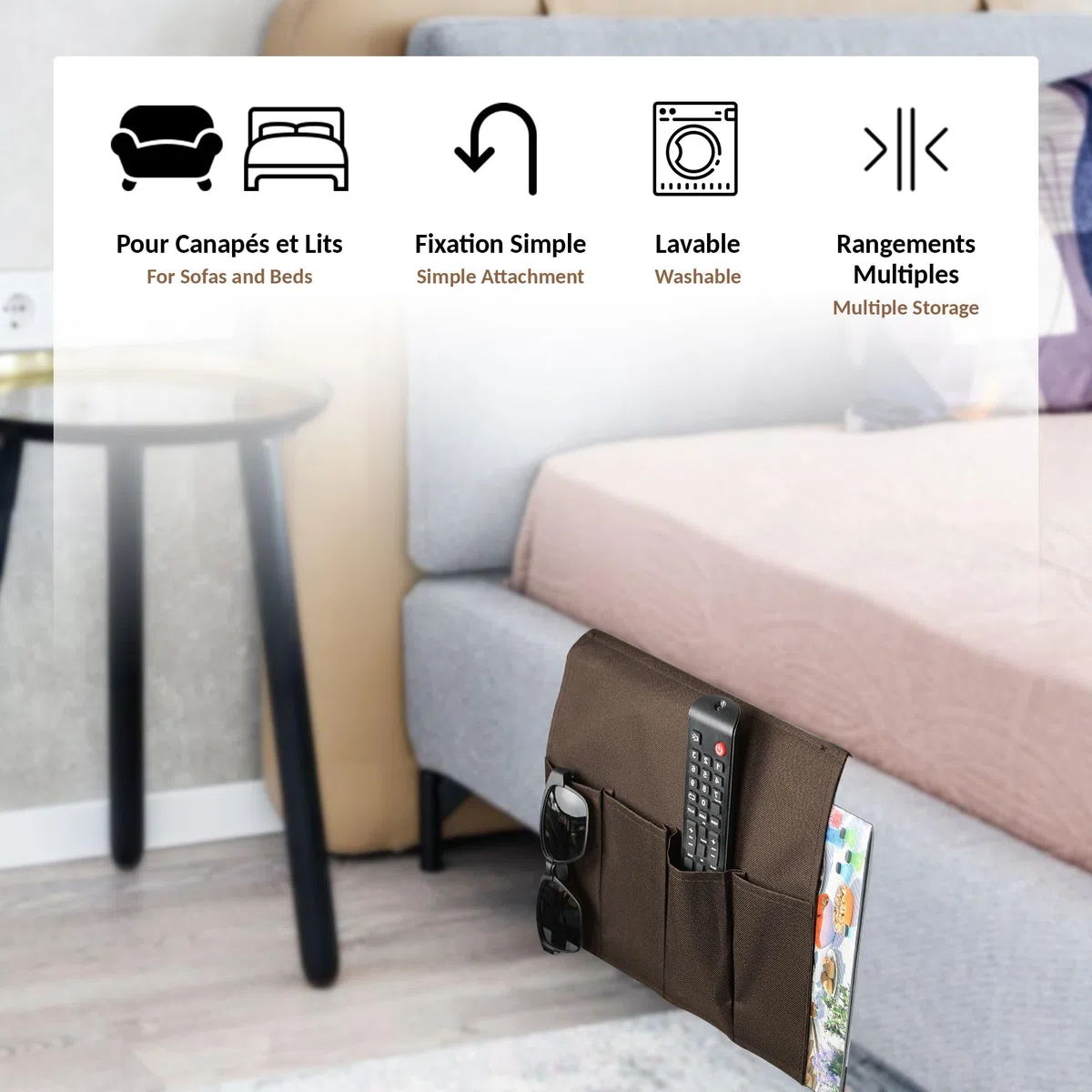 Organizador de Sofá Universal con Autobloqueo - Reposabrazos de sillón o sofá/Bolsillo cama - 5 Bolsillos - Apto para revistas, mando a distancia, teléfono, tableta, libros - 94 x 32 CM - Marrón