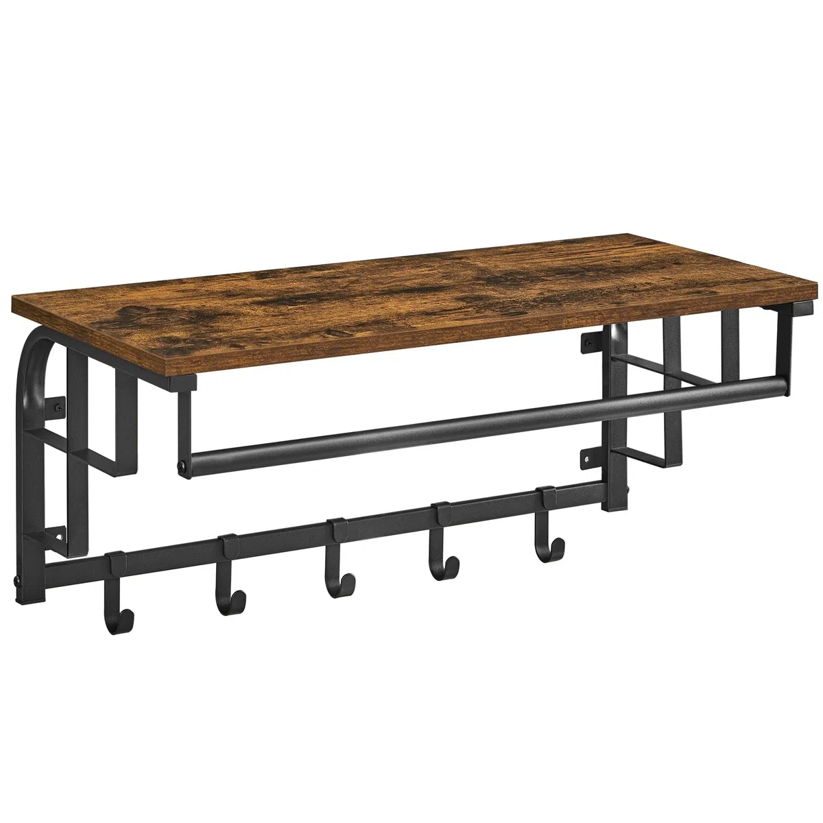 VASAGLE Perchero de Pared, Perchero Colgante con 5 Ganchos Extraíbles, Estante Montado en Pared, Barra de Colgar, para Pasillo, Dormitorio, Sala de Estar, Marrón Rústico y Negro LCR12BX