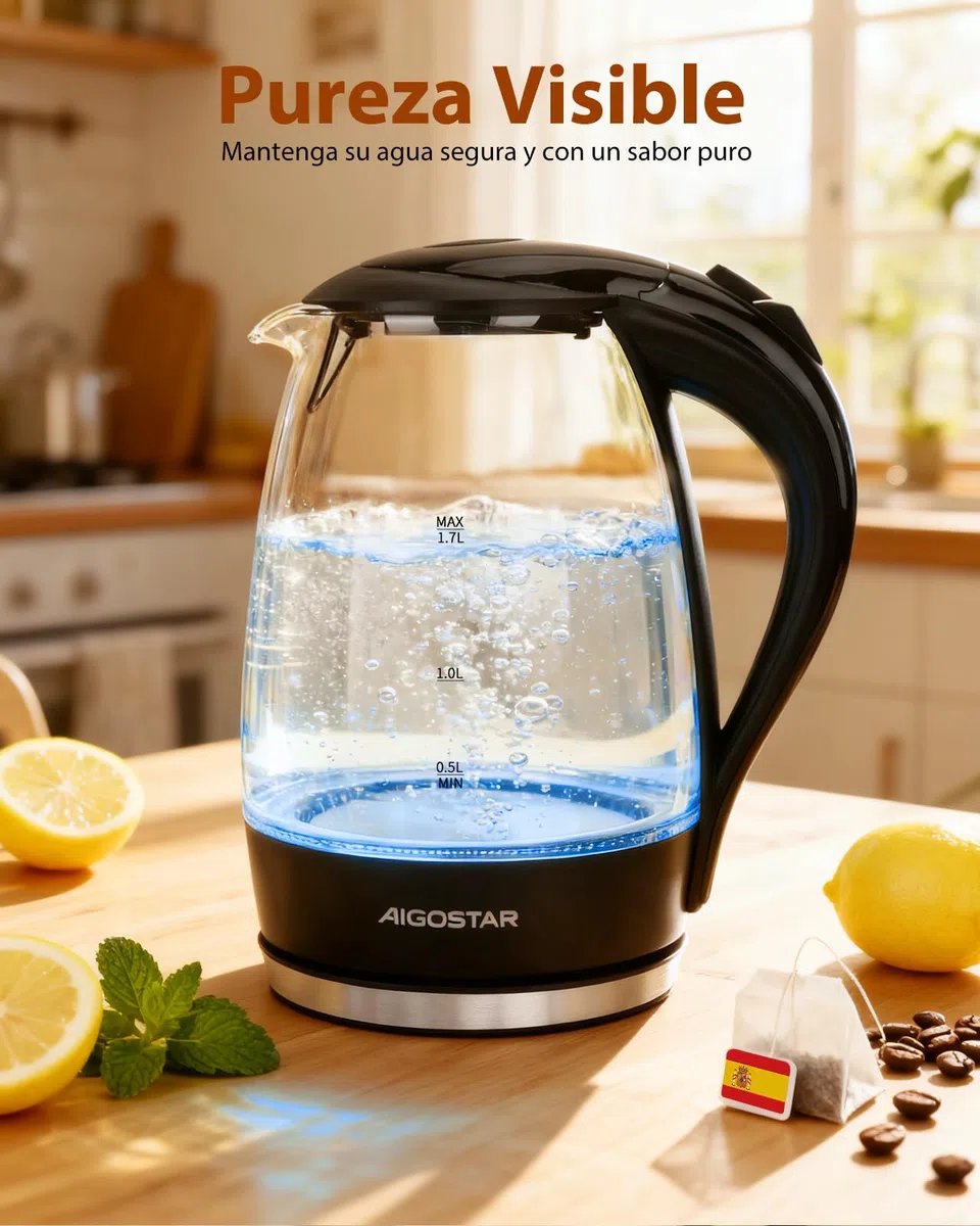 Aigostar Adam 30GOM - Hervidor de Agua Eléctrico de Cristal, Hervidores Eléctrico con Iluminación Led, 1,7 L, 2200W, Libre de BPA y Sistema de Protección Contra la Ebullición en Seco, Base 360º