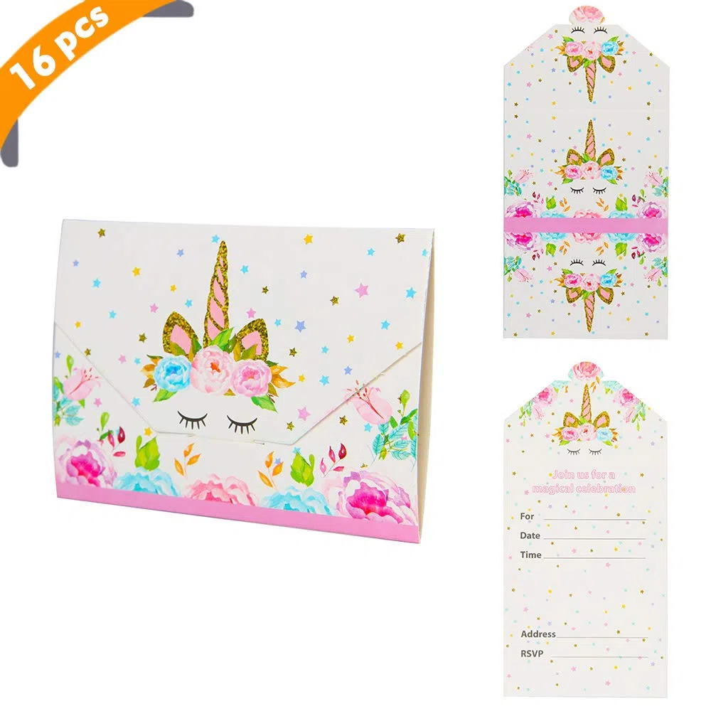 Yiran 16 invitaciones para fiestas de cumpleaños, unicornio, tarjetas de invitación para fiestas de cumpleaños infantiles, sobres estilo listo para escribir
