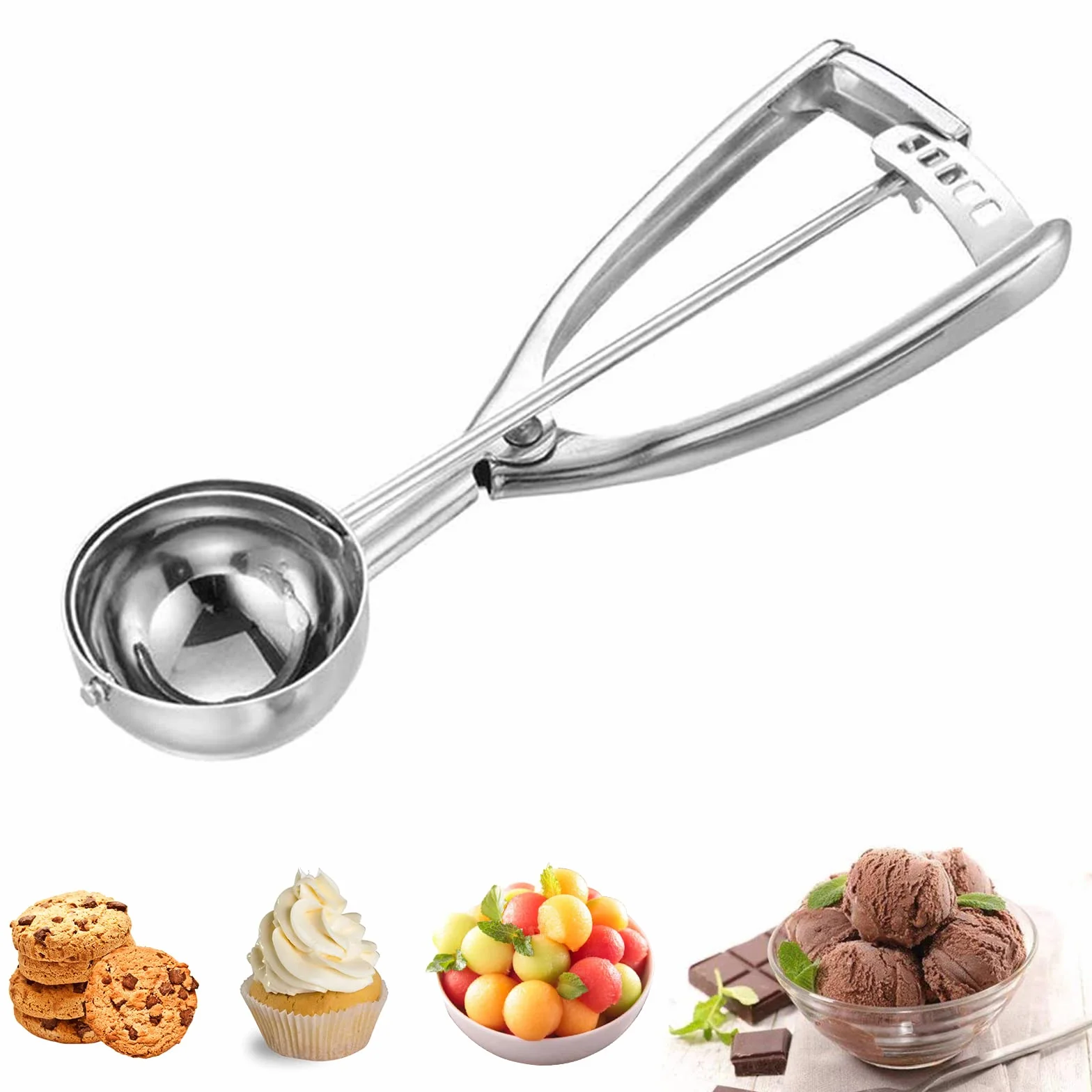 Cuchara para Helados, 5cm Cuchara de Helados con Gatillo 304 Cuchara de Helado de Acero Inoxidable Cuchara Disparador para Bolas de Helado para Helados, Frutas, puré de Alimentos