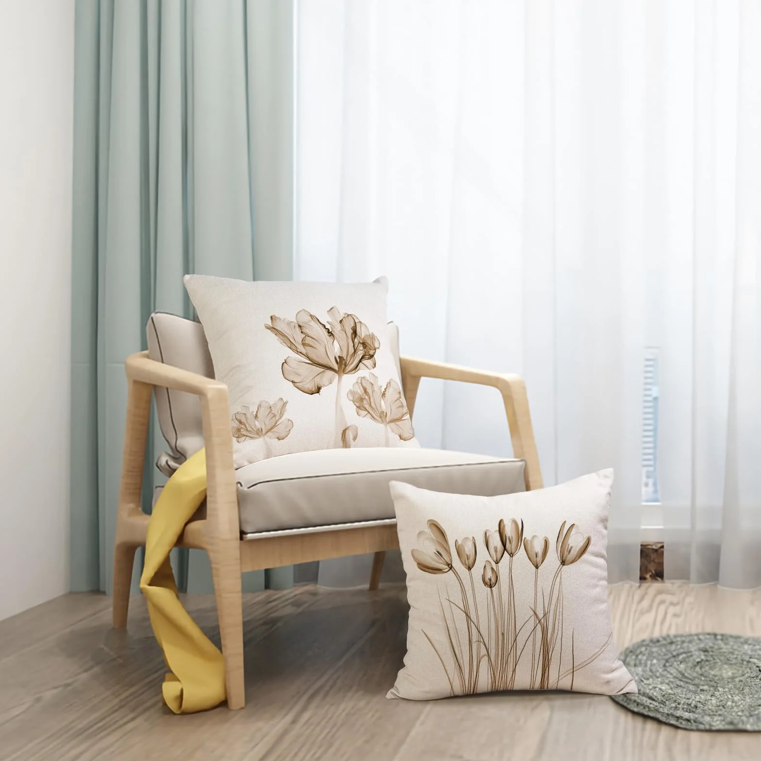 ZWJD Juego de 4 Fundas de cojín 60x60 Funda de cojín Decorativa con Modernos Pintura de Acuarela Floral Fundas de cojín de Lino con Estampado Funda de cojín Decorativa Cojín de sofá Funda de cojín