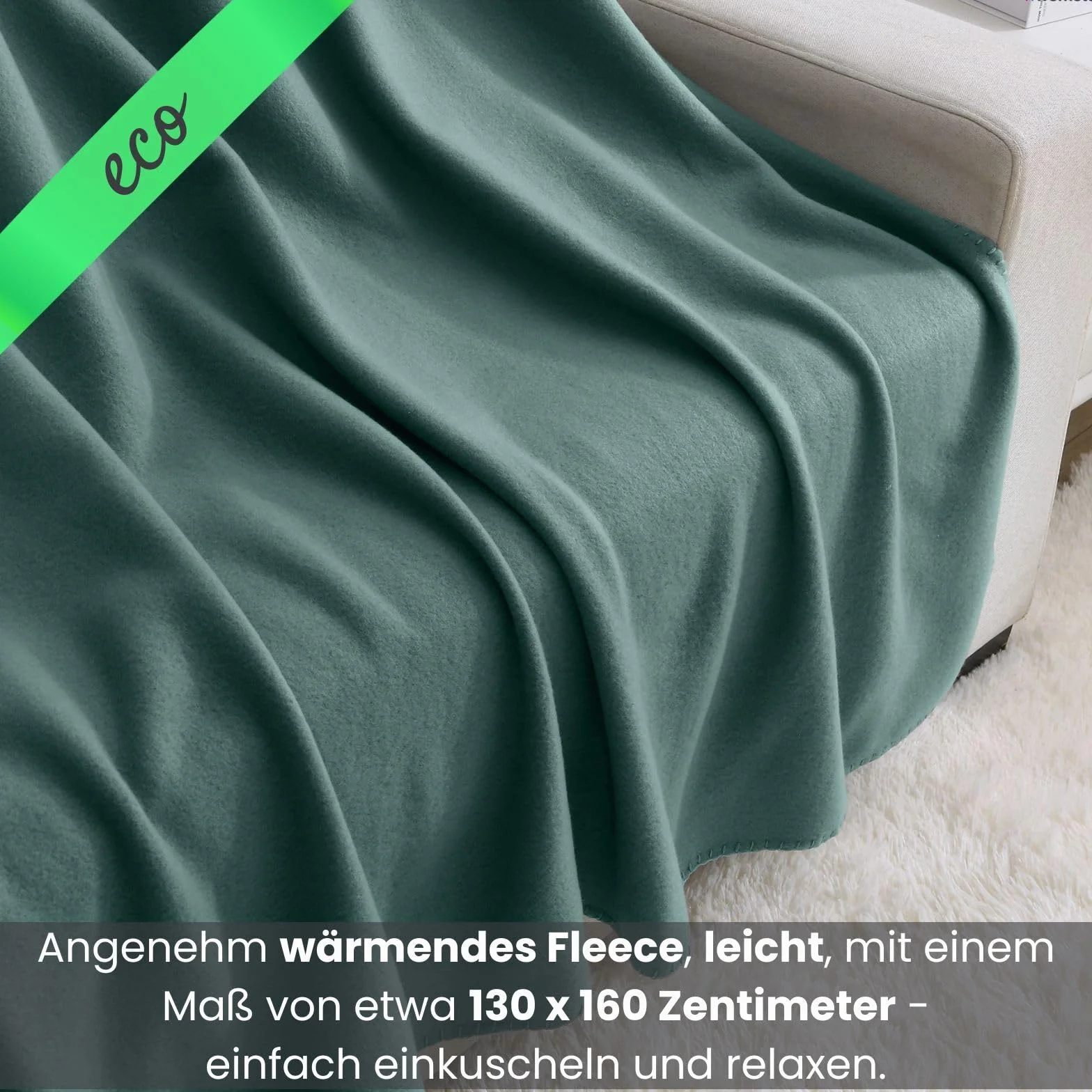wometo Juego de 2 mantas de forro polar ecológico de material 100% reciclado + certificado Öko-Tex, 130 x 160 cm, aprox. 400 g, color verde oscuro con antibolitas y borde ribeteado