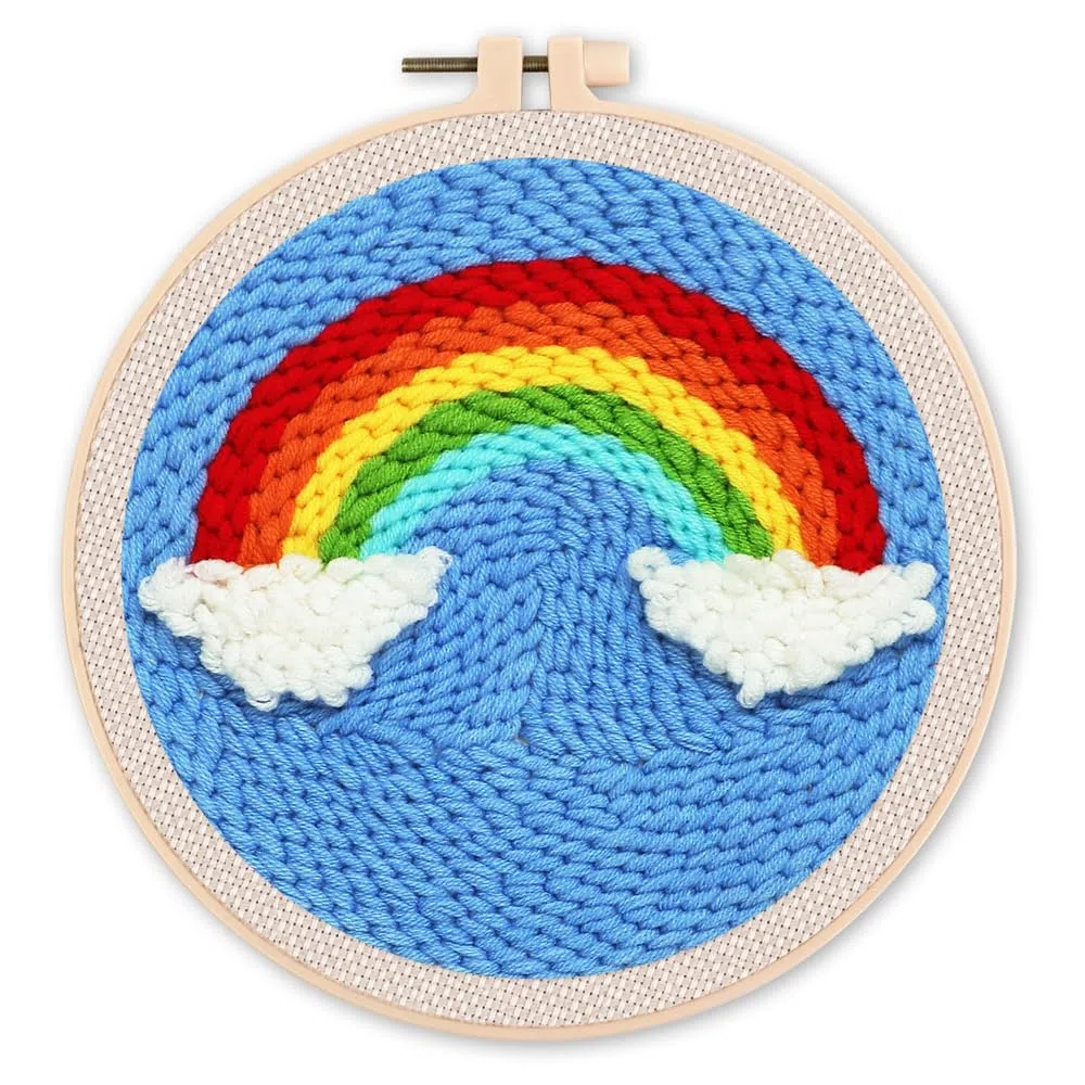 Figured'Art Punch Needle Kit de Bordado Adultos y Niños - Arcoíris - Manualidades Kit de Aguja Mágica DIY completo - 20x20cm con bastidor circular