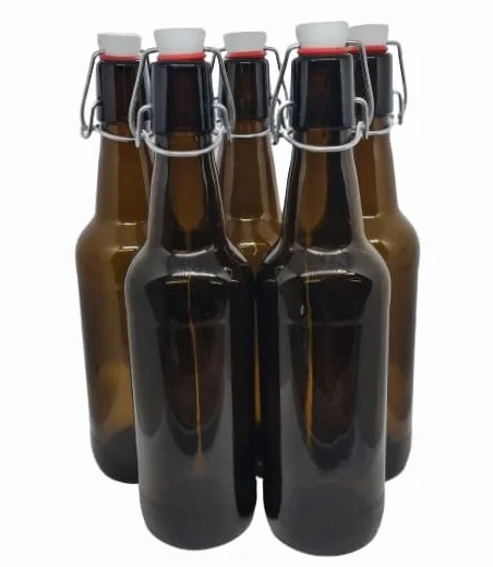 Botella de cerveza de cristal marrón de 500 ml con tapa abatible de plástico, 10 unidades.