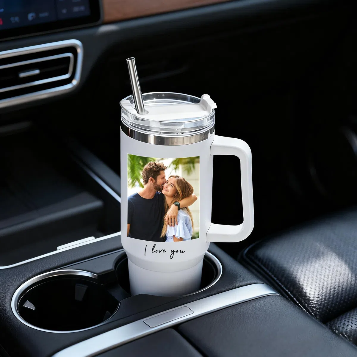 Vaso personalizado de 40 oz con asa y pajita, taza personalizada con nombre y foto, vaso de café de viaje de acero inoxidable, regalos personalizados para mujeres, San Valentín, cumpleaños