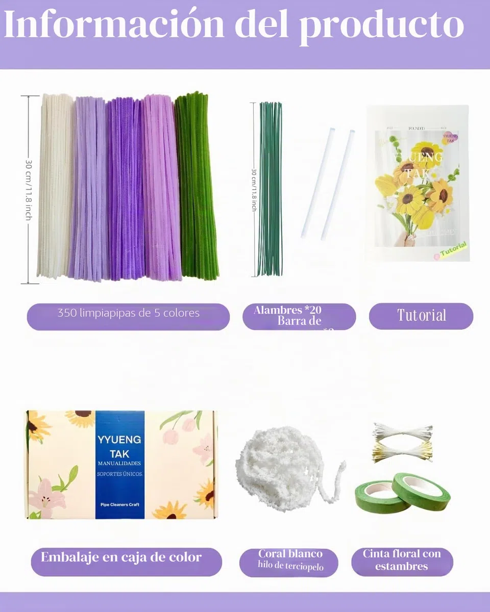 350 piezas Limpiapipas Manualidades Púrpura,Set de Limpiapipas Flores, con Instrucciones y varios accesorios, para Regalos Artesanales y Decoración del Hogar,Pipe Cleaner Flower kit