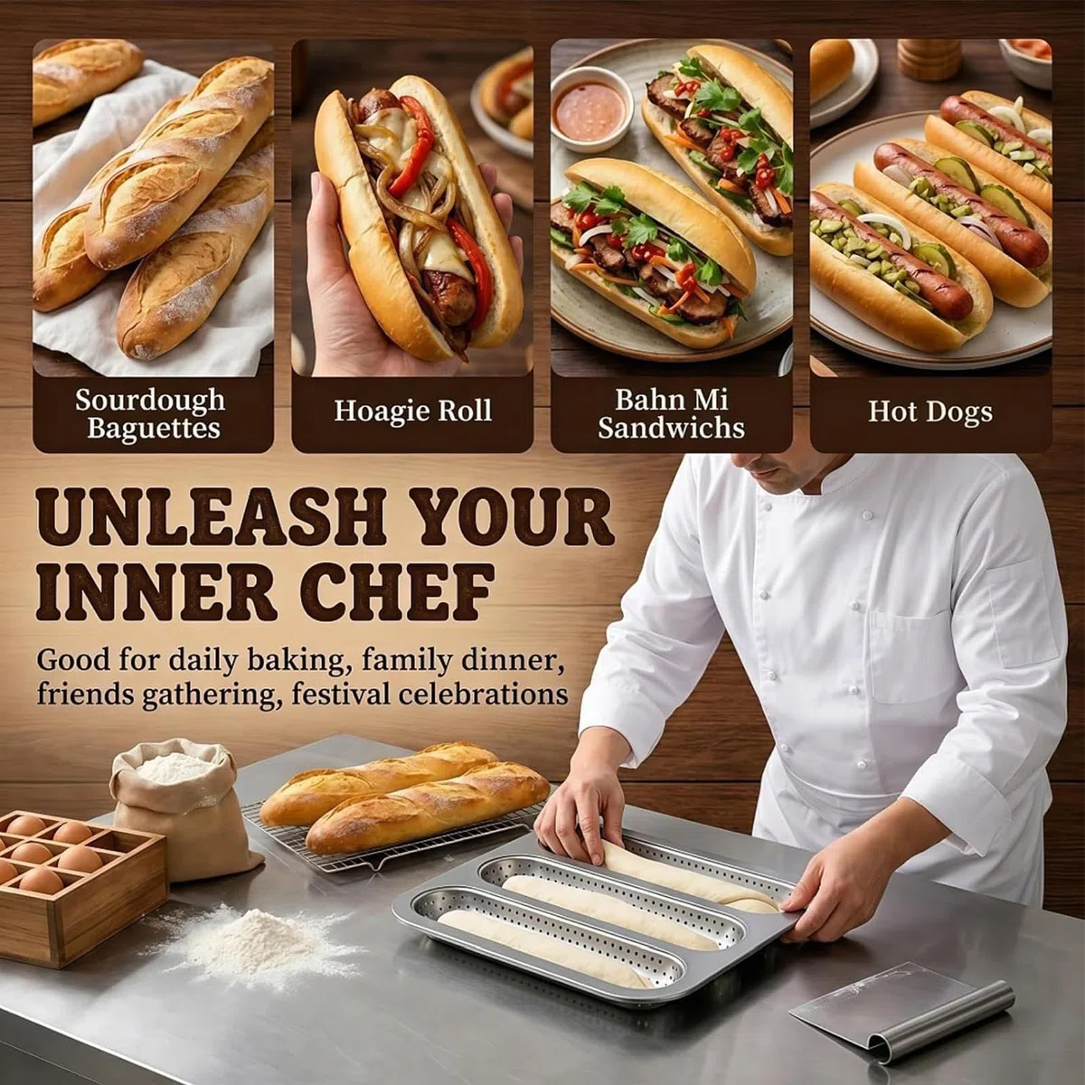 Genérico Molde Para Baguette De Acero Al Carbono, 25.5x32cm Palito Francés Paras 3 Baguettes Perforadas, Bandeja Paras Hornear Baguette Antiadherente, Para Horno Doméstico, Cocina, Refrigerador