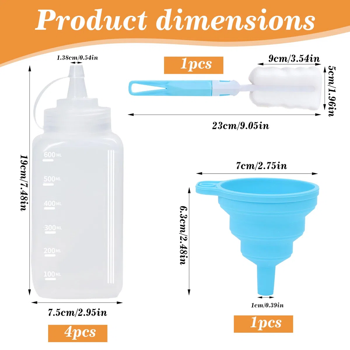 4 Piezas Squeeze Bottle de 600ML Condimento de Plástico Botella Exprimible con Embudo y Cepillo de Taza Dispensador de Salsas Ninguna Fuga para Condimentos Salsa Tomate Mostaza Mayonesa Salsa