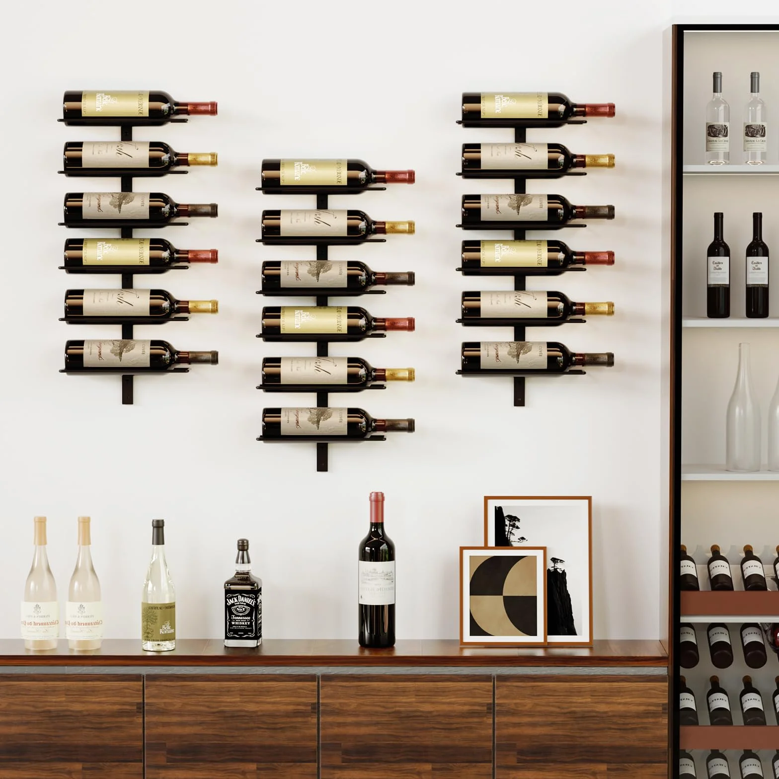 Estante para vino de pared para 18 botellas - Estante para vino de pared de metal para botellas de vino, licor y champán, soporte de exhibición de almacenamiento de vino resistente para bar en casa