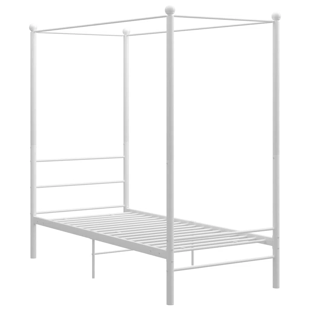 Cama con dosel de metal blanco, 100 x 200 cm, elegante estructura de cama con recubrimiento de polvo para mayor resistencia y durabilidad, 208 x 106 x 201 cm