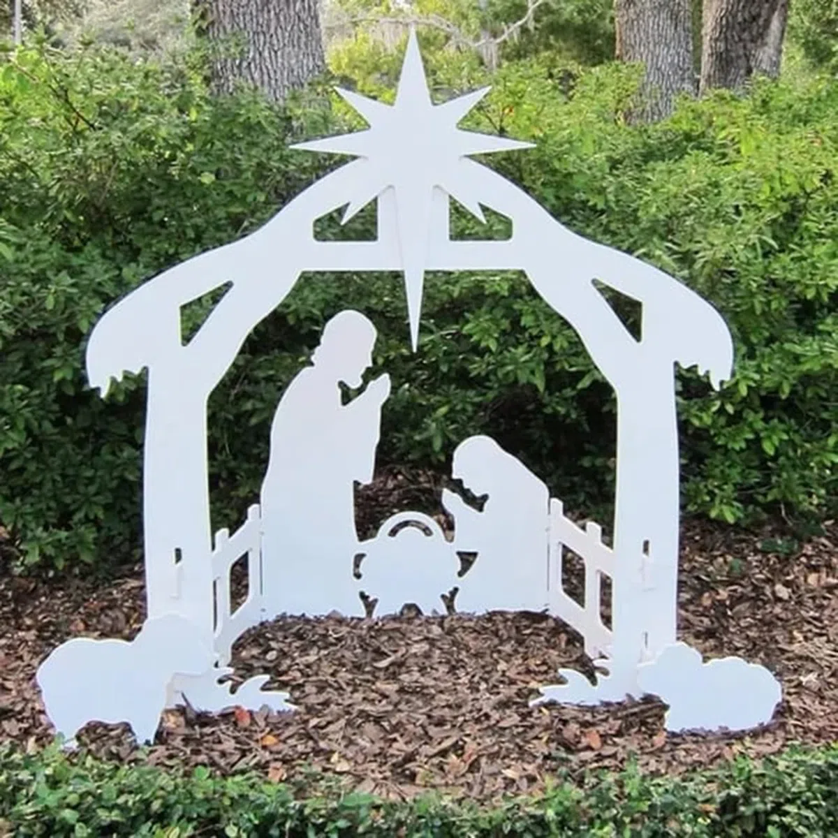 Holy Night - Juego de belén de Navidad al aire libre, juego de belén de plástico blanco, decoración navideña, 19.6 x 17.3 x 10.6 pulgadas