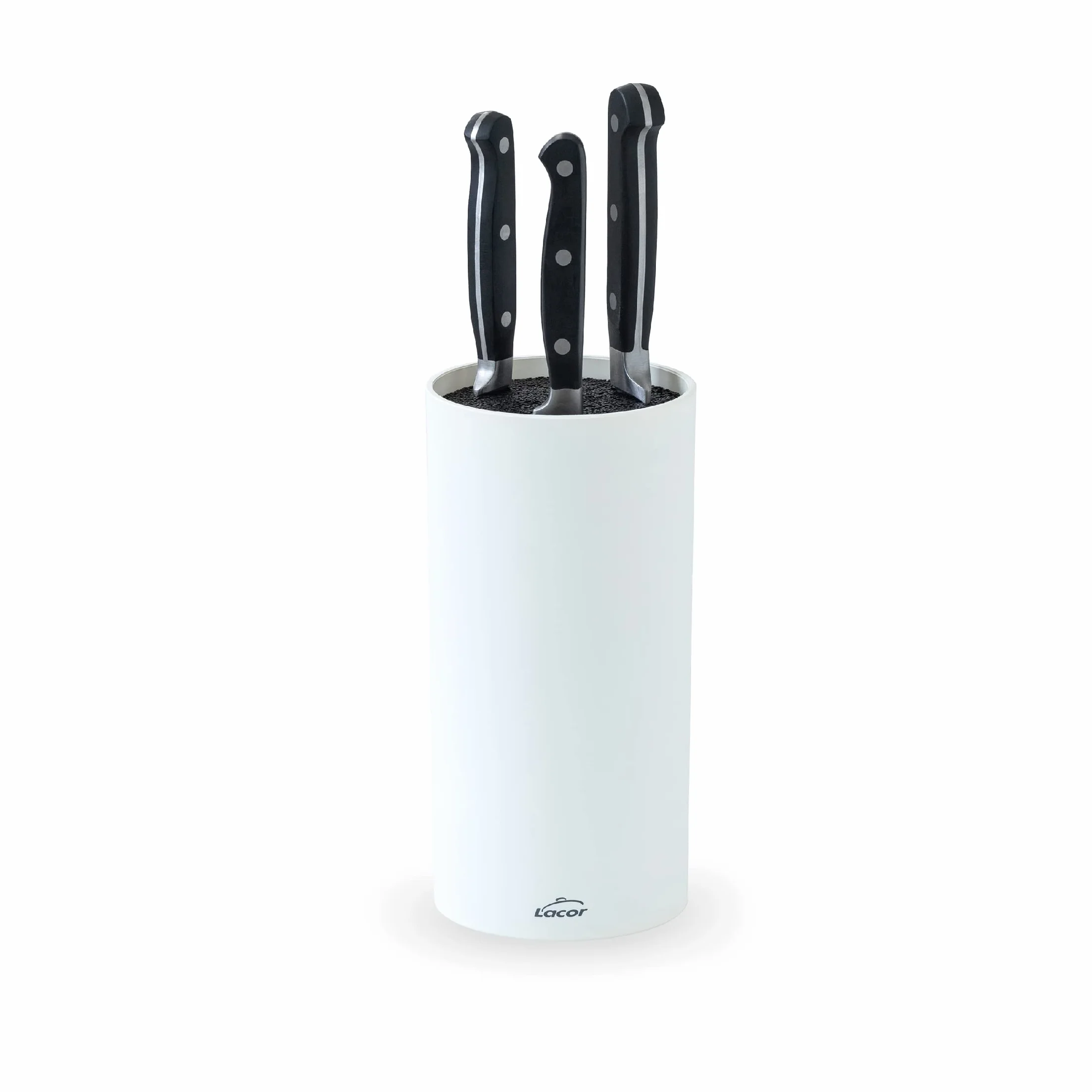 Lacor - 39037 - Taco de Cuchillos White, Bloque Universal para Cuchillos, Multidireccional, Color Blanco mate, Ø11cm, Altura 22cm, Apto para Lavavajillas.