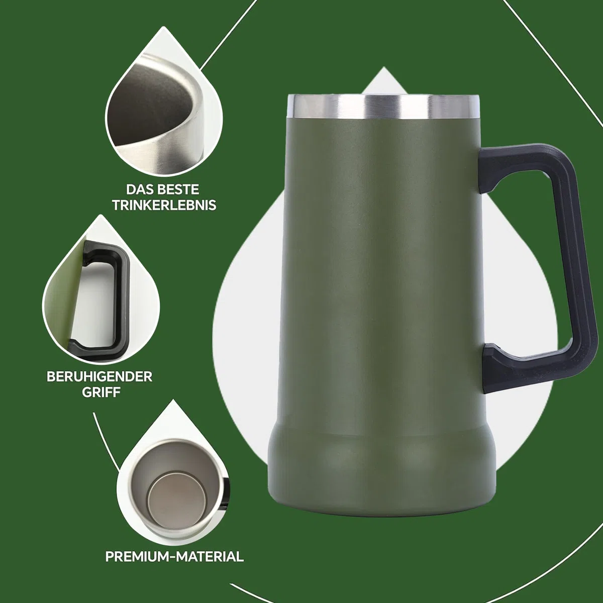 FOGARI Jarra de cerveza aislada con mango, 710 ml, de acero inoxidable, taza térmica grande, de metal, para el Oktoberfest (verde)