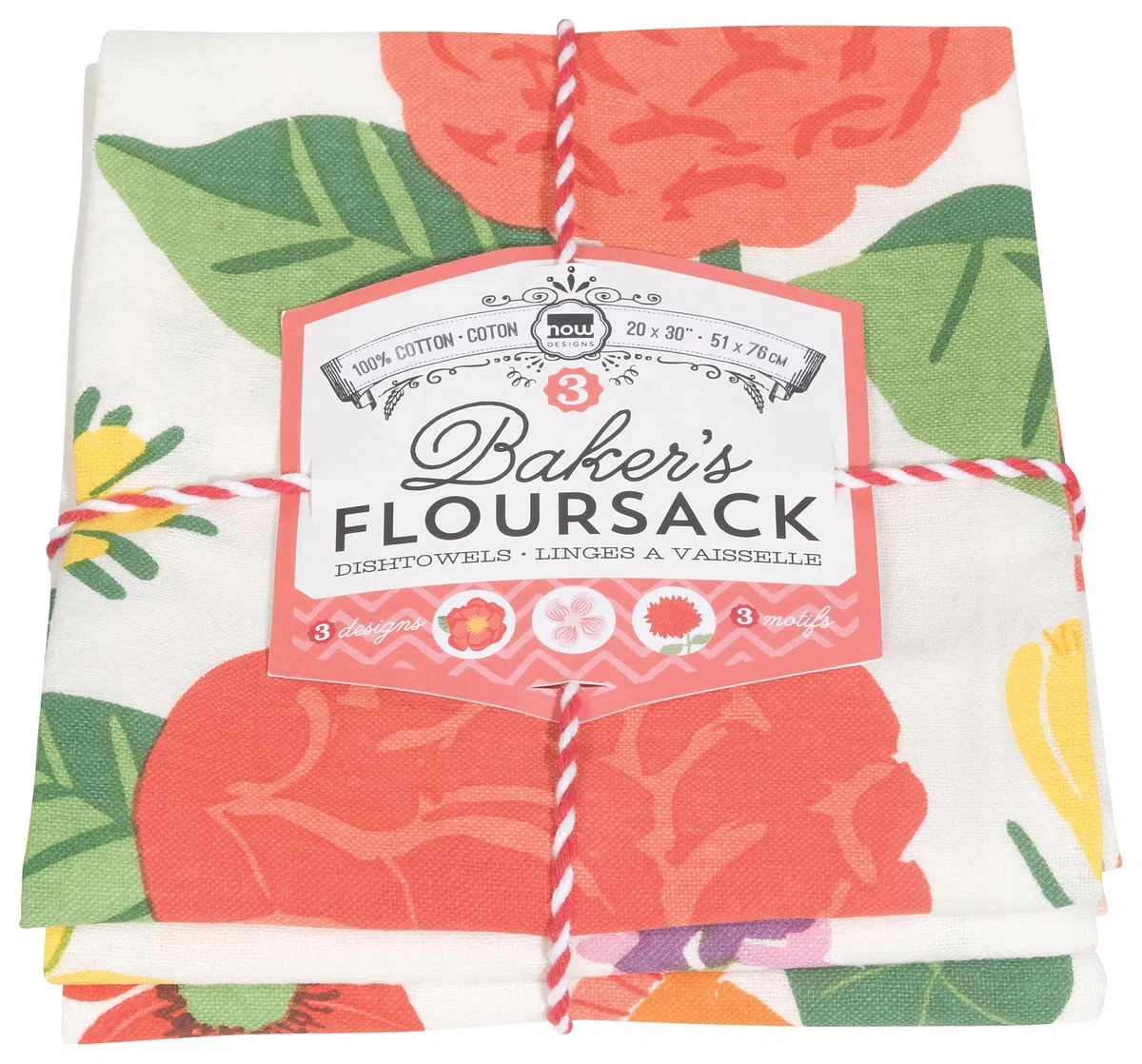 Now Designs Cotton Floursack Bakers-Bolsas de harina (Juego de 3), Algodón, Flores, S, 3