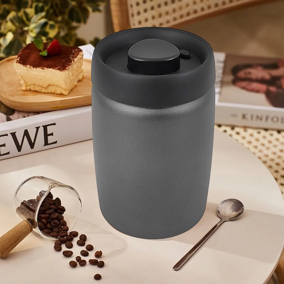 Bote para Café, Tarro de 1.2L Hermético de Acero Inoxidable con tapa de vacío, Vacío con un solo botón para conservar la frescura, para Almacenar Granos de Café, Té, Nueces, Cacao, etc