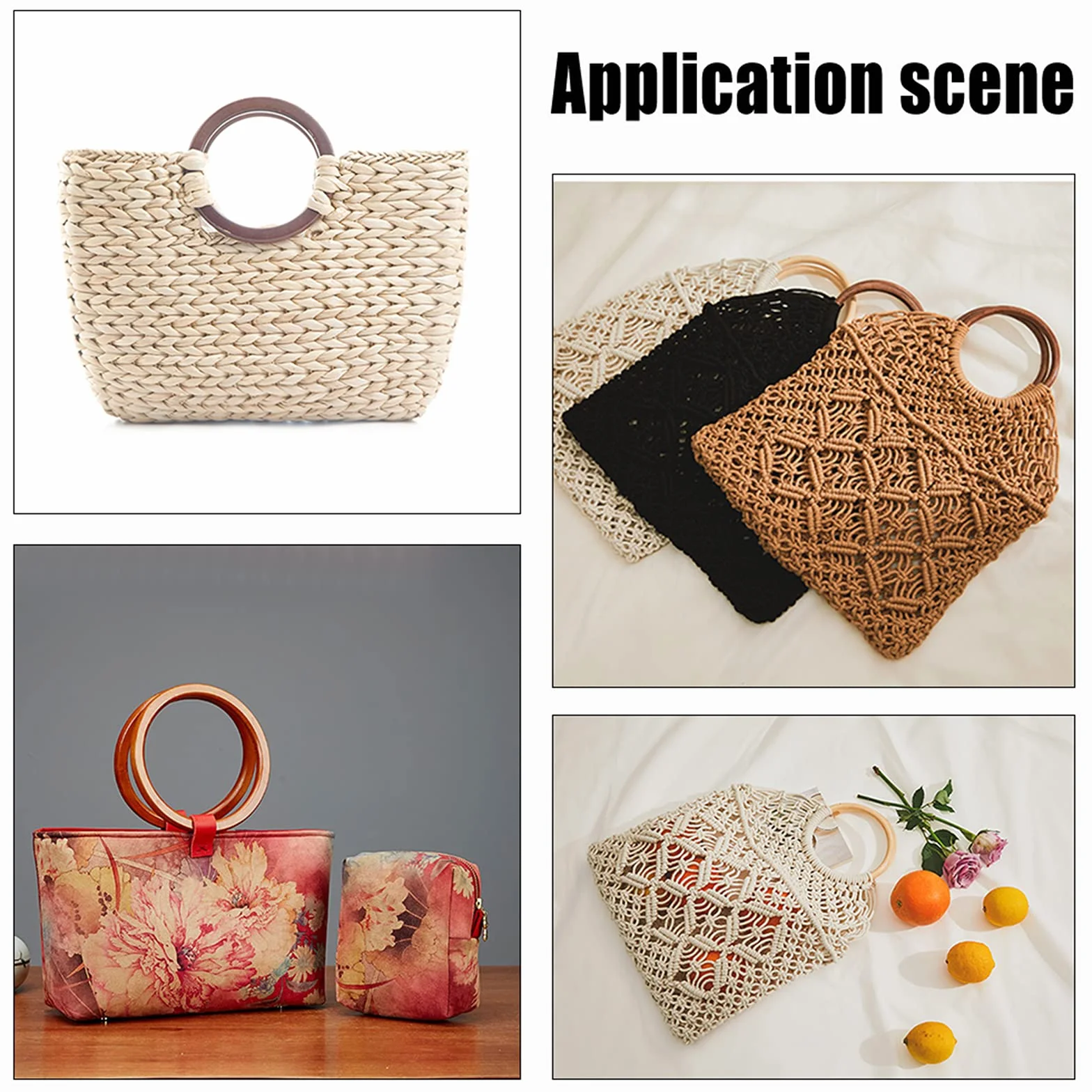 PandaHall 6 piezas de 2 colores de madera de forma redonda bolso de la manija de la bolsa de reemplazos de la bolsa de playa hecha a mano bolsos monedero manijas bolsas de mercado macramé