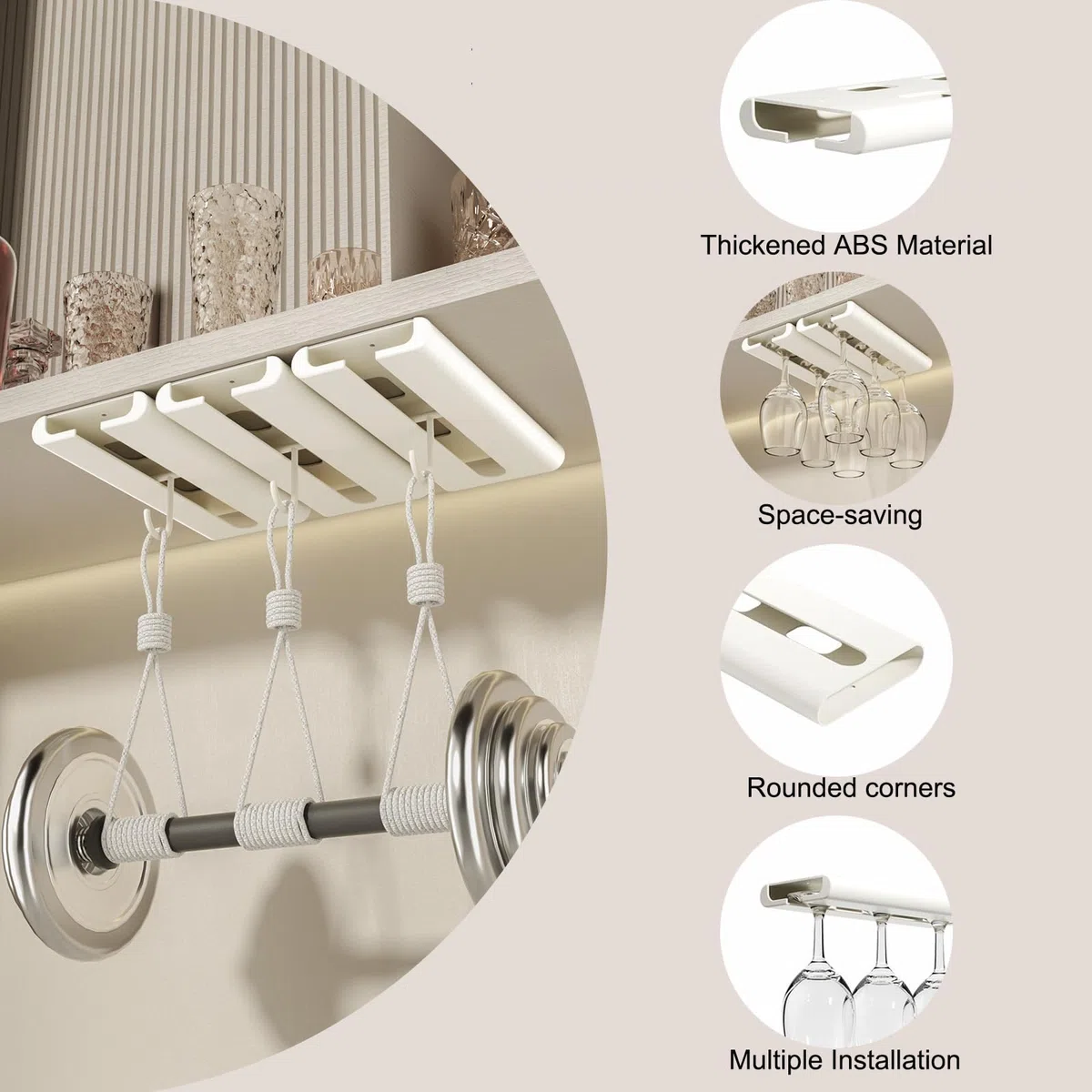 4 Piezas Soporte para Copas de Vino Colgante Colgador Copas Sin Taladrar Estante Copas Vino Debajo Gabinete Estante para Colgar Copas Cuelga Copas para Bar Cocina Restaurante (Blanco)
