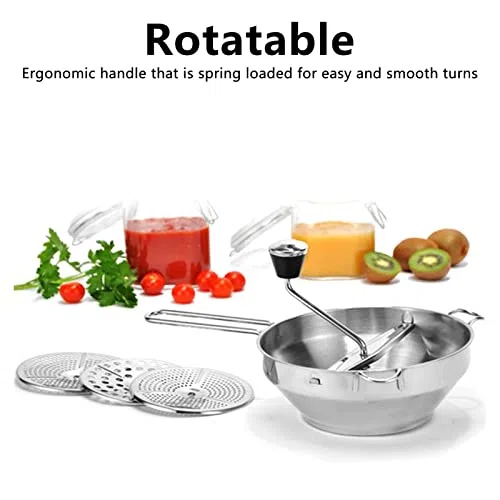 Dispositivo de Paso Molinillo de Alimentos de 20 Cm con 3 Discos Perforados Intercambiables Molinillo de Paso de Acero Inoxidable para Salsa de Tomate, puré de Manzana, Purés,