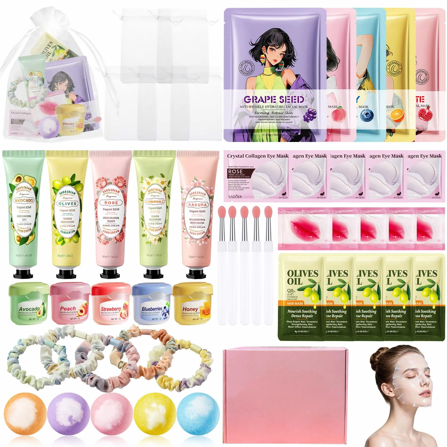Set Spa Mujer 50 Piezas, Kit Skincare Regalo con Mascarillas Faciales, Parches Oculares, Crema Manos