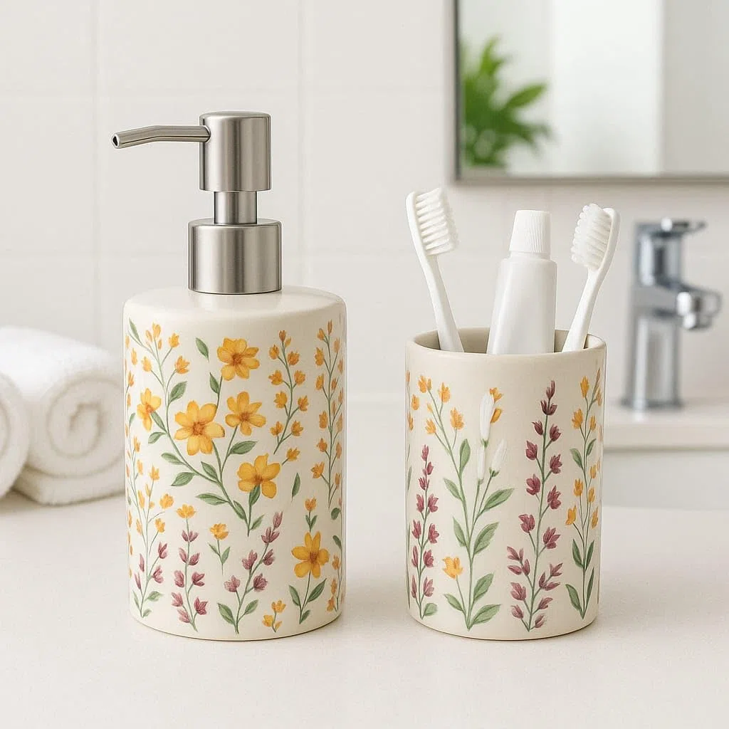 Juego de Baño Dispensador Jabon y Vaso de Baño Flores