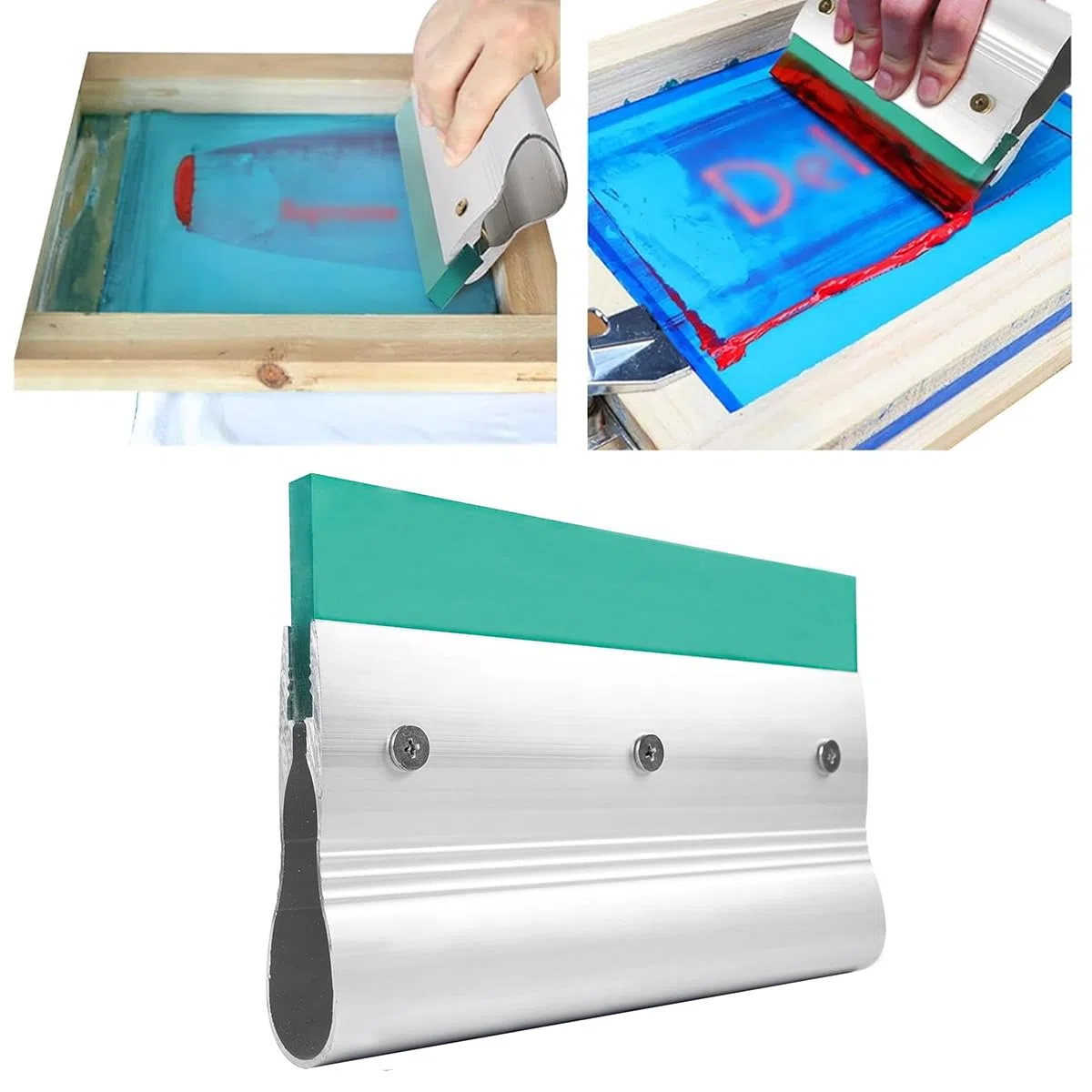 Raspador de tinta cuadrado de 20 cm con mango de aluminio para serigrafía, 75 durómetros, de goma, color verde, para aplicaciones manuales con máquinas gráficas y textiles.