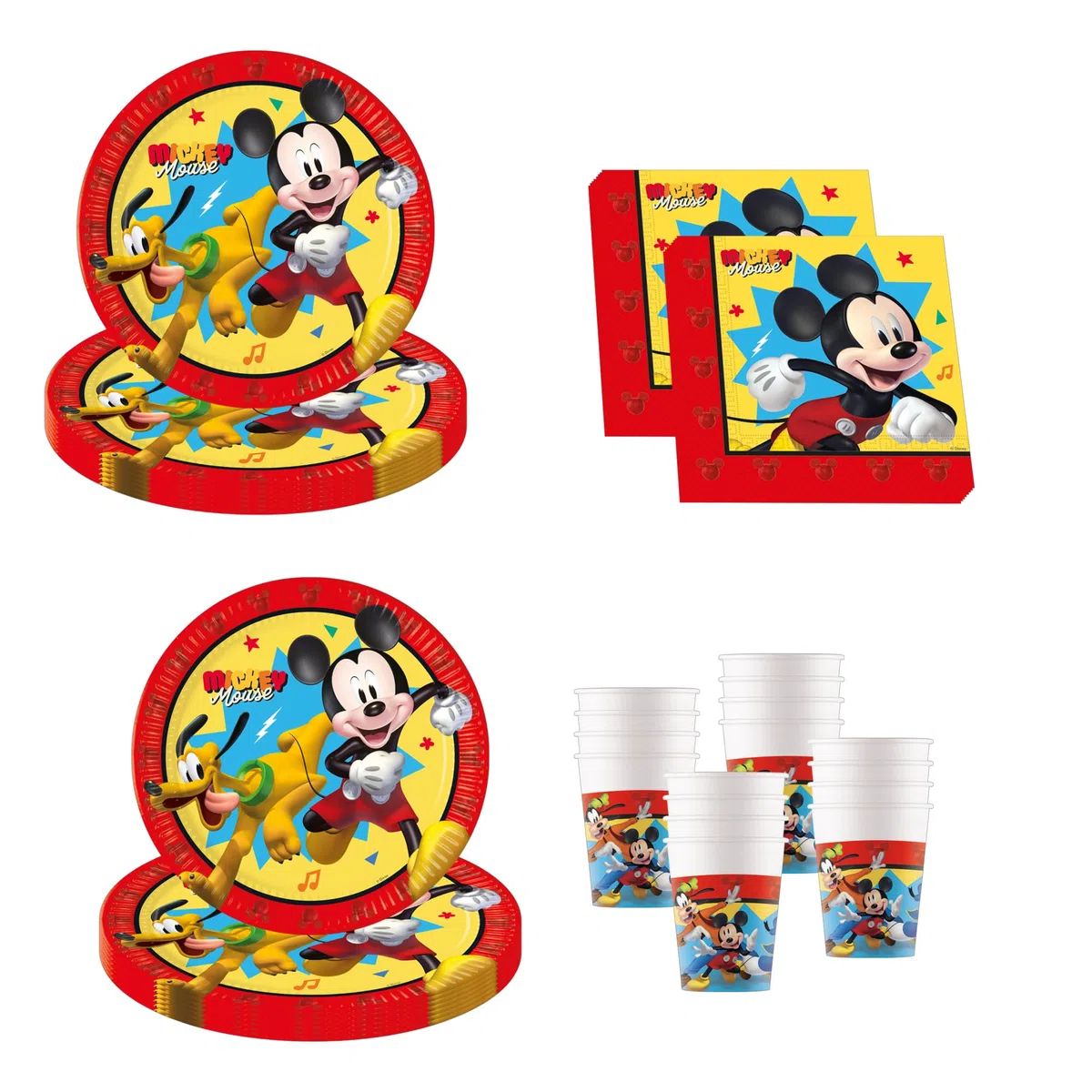Procos - Decoración de cumpleaños Mickey Mouse Jump Into Fun, 52 piezas, platos de cartón, vasos y servilletas para cumpleaños infantiles, vajilla de fiesta