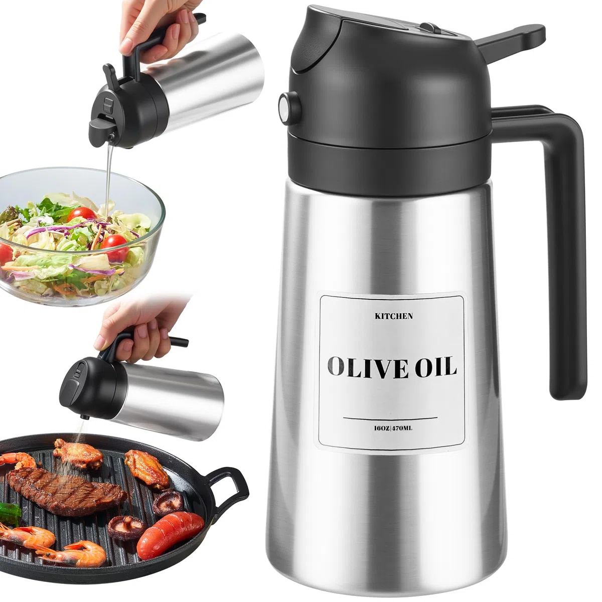 ParaCity Botella de aceite, carcasa de acero inoxidable, revestimiento cerámico, pulverizador y dispensador de aceite de oliva 2 en 1, apto para cocinar, cocina, freír al aire, ensaladas y hornear.