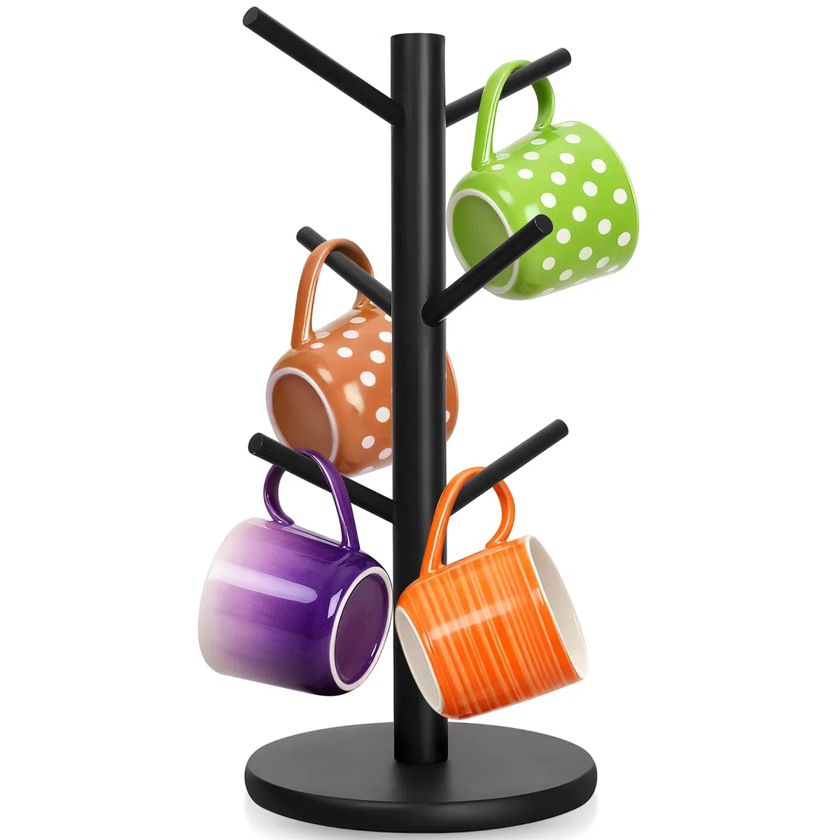 Portavasos Bambú con 6 Ganchos, Soporte Tazas Café con Base Engrosada, Copa Árbol, Estante Almacenamiento, Organizador Colgar para Encimera, Mostrador, Cocina, Oficina, Barra Cafe, Hogar (Negro)