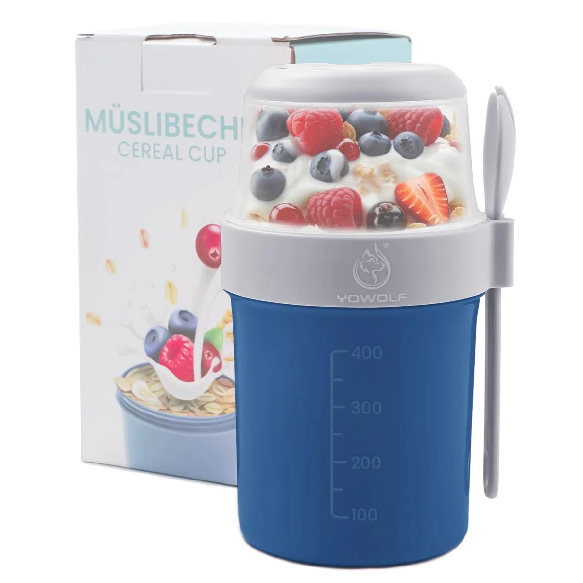 Vaso de Yogur y Cereales para Llevar 2 en 1, Recipiente Práctico con Cuchara, Taza de Yogurt To Go a Prueba de Fugas, Ideal para Picnic, Almuerzo y Ensalada (Azul)