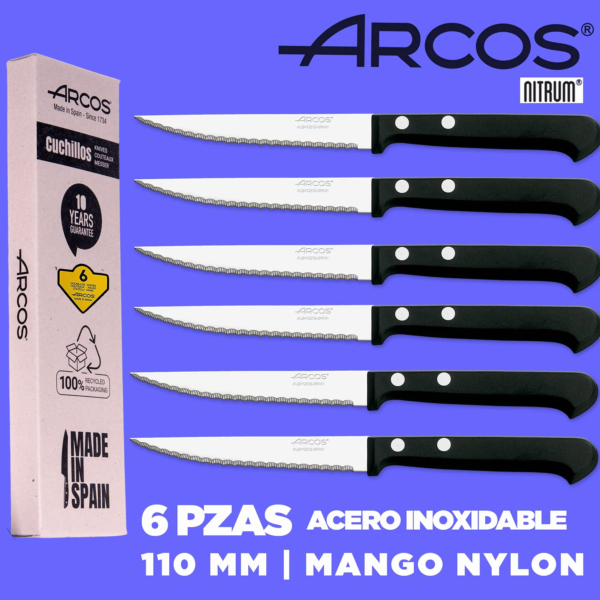 Arcos | cuchillos de mesa (6 ud) | cuchillos acero inoxidable con sierra cuchillo chuletero cuchillos chuleteros | Fabricado en España