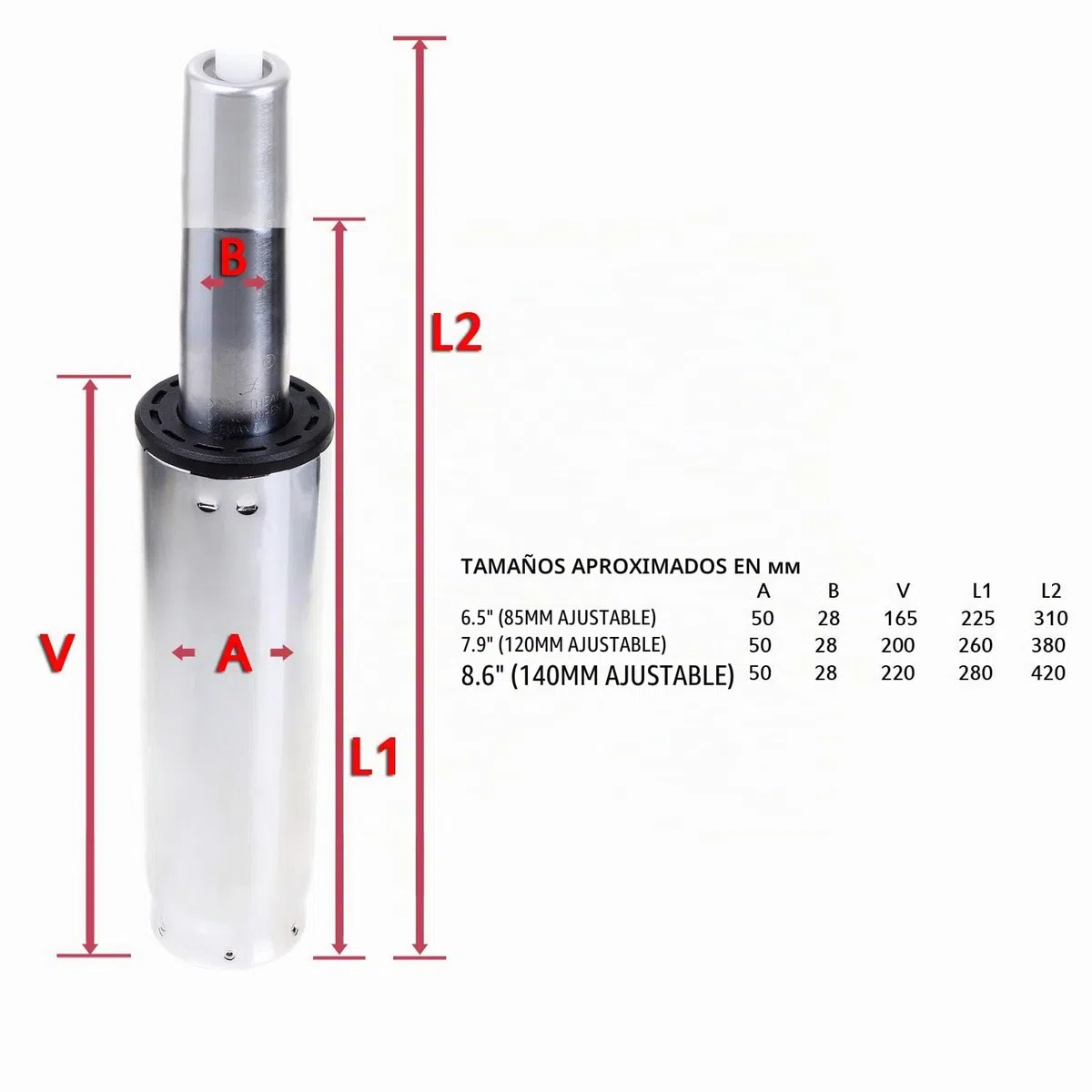 TUKA Muelle de Gas para Silla de Oficina y Taburete, 200mm Cilindro, 260-380mm Longitud Total, Repuesto Cilindro Elevador de Gas, Resorte Amortiguador de Gas, Cromo, Plata, TKD5202-120