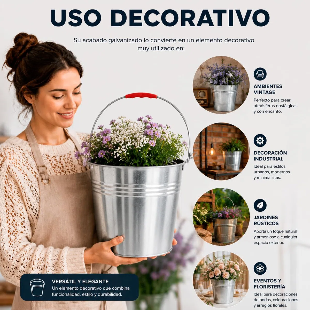 CABLEPELADO - Cubo de Acero Galvanizado con Asa Reforzada | Capacidad de 16 litros | Cubo de Metal Multiusos para Jardín, Hogar y Obra | Resistente a la Corrosión y a la Intemperie | Plata